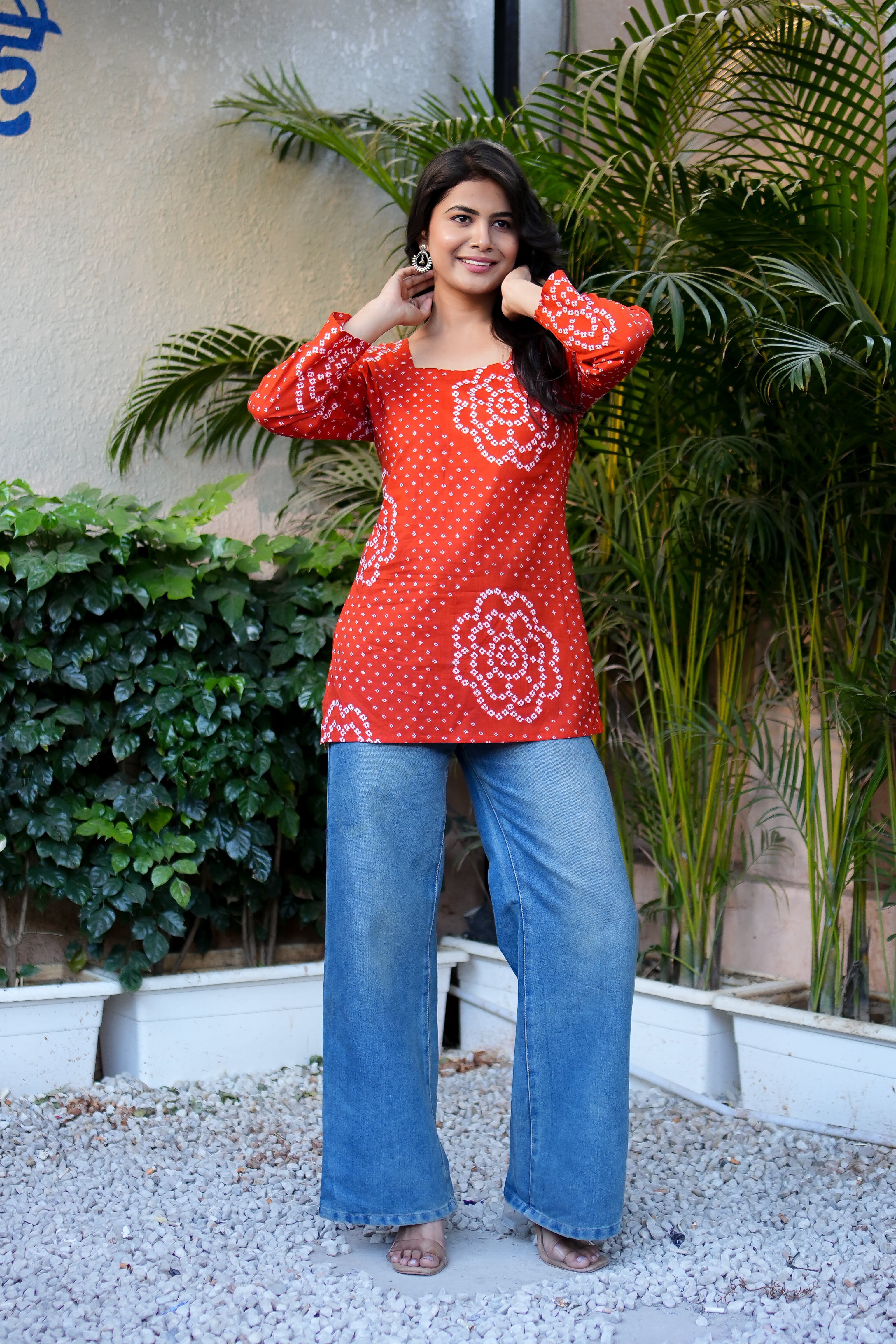 Bandhej Printed Cotton Straight Short Kurti