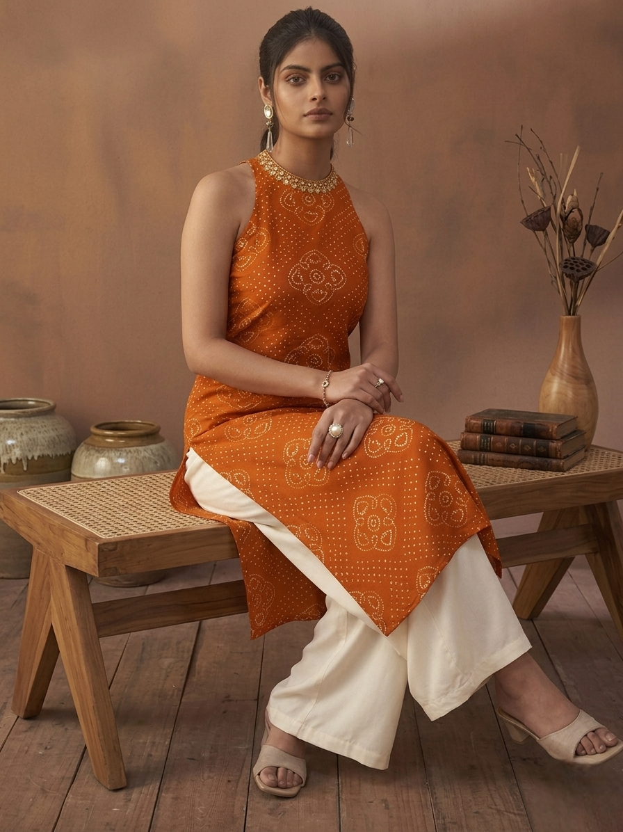 Printed Halter Neck Straight Kurta