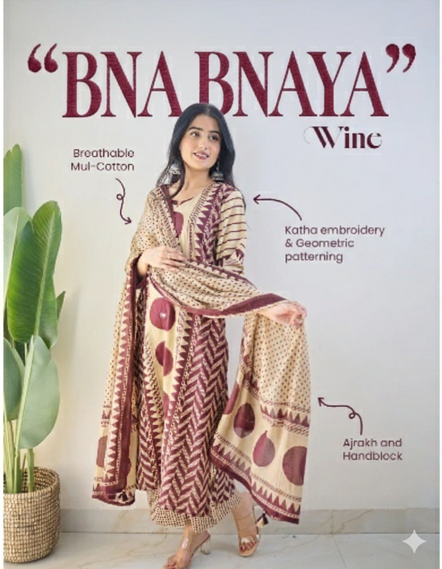 Bna Bnaya Blue Cotton Ajrakh Katha Detailed Dupatta Set