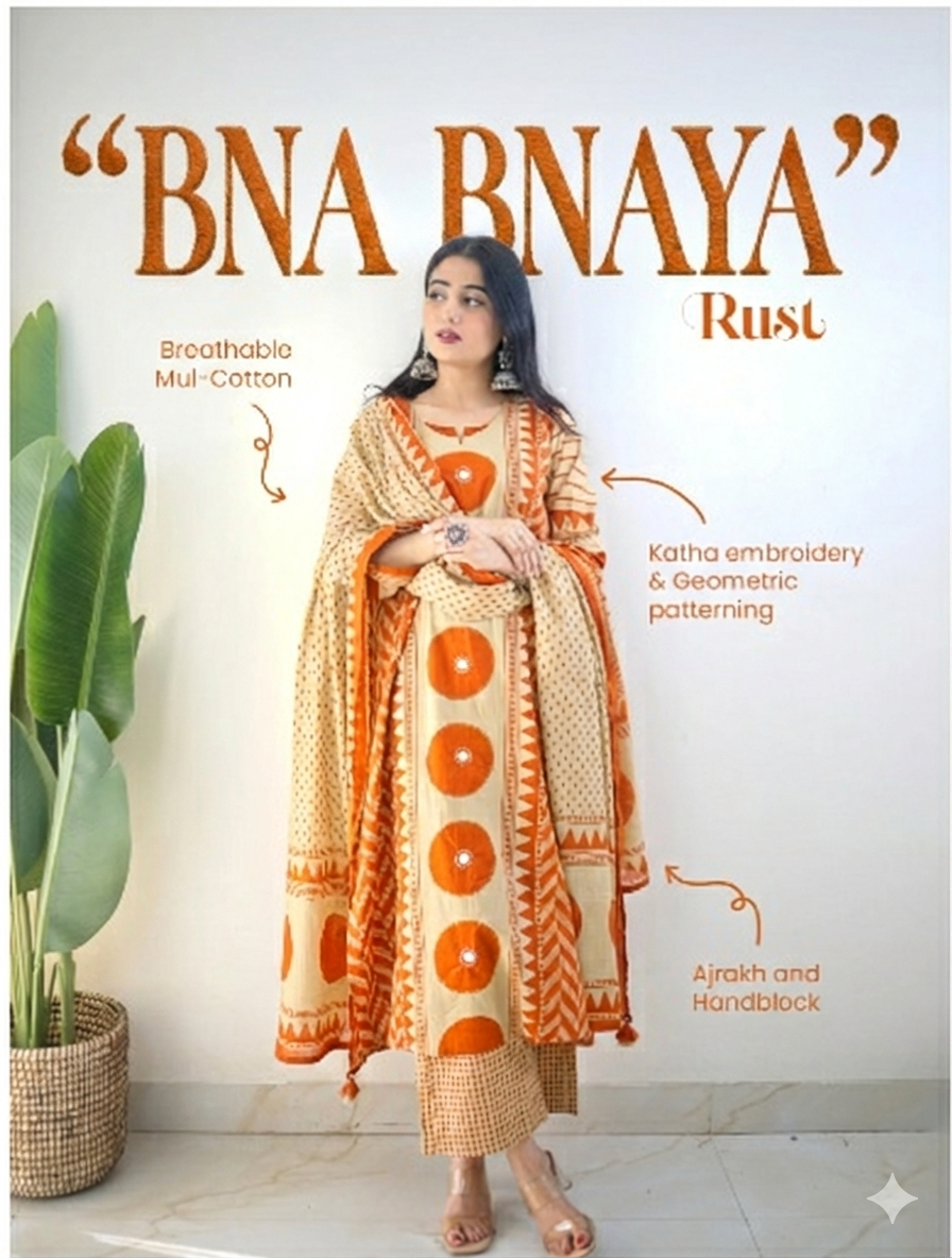 Bna Bnaya Blue Cotton Ajrakh Katha Detailed Dupatta Set