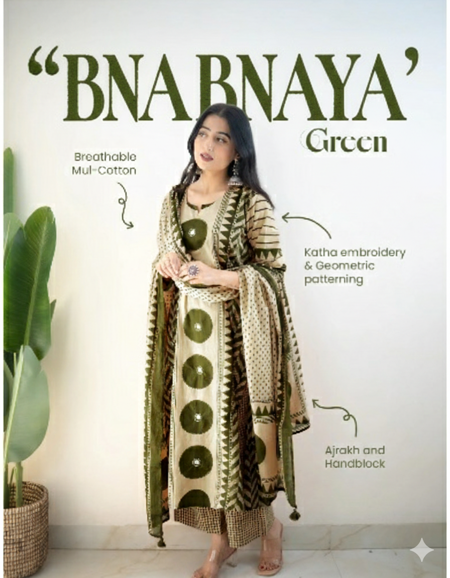 Bna Bnaya Blue Cotton Ajrakh Katha Detailed Dupatta Set