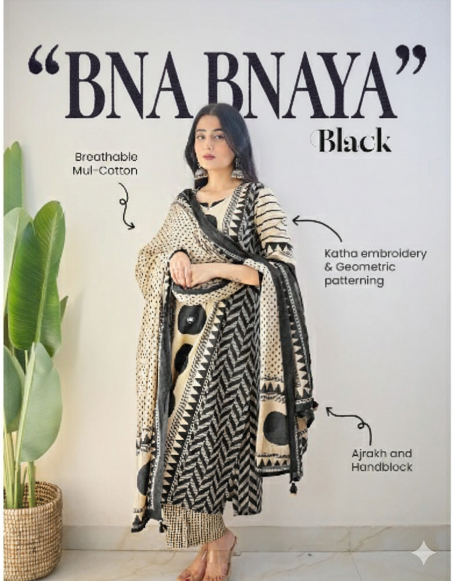 Bna Bnaya Blue Cotton Ajrakh Katha Detailed Dupatta Set