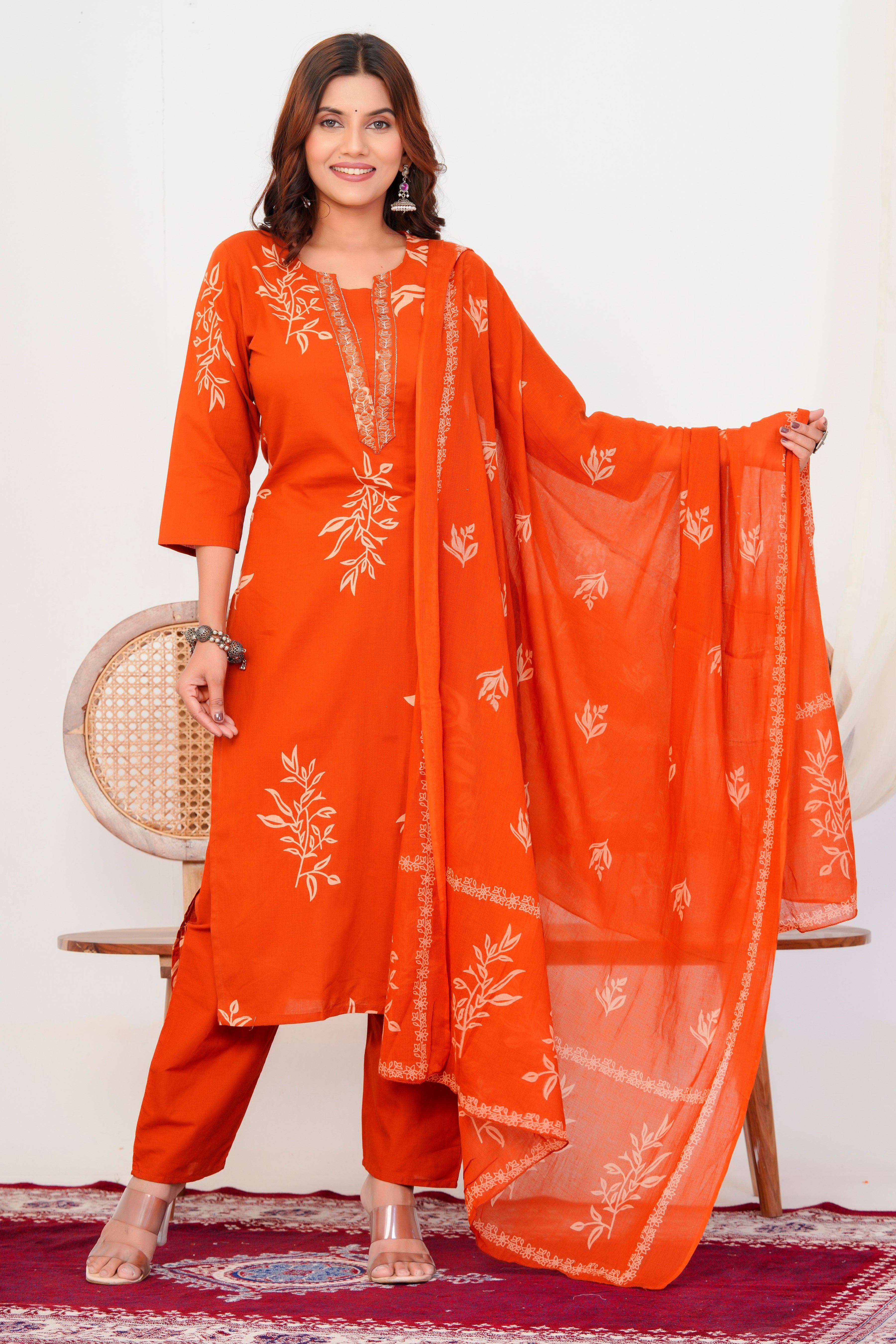 Bna Bnaya Floral Print Cotton Embroidered Kurta Pant Dupatta set