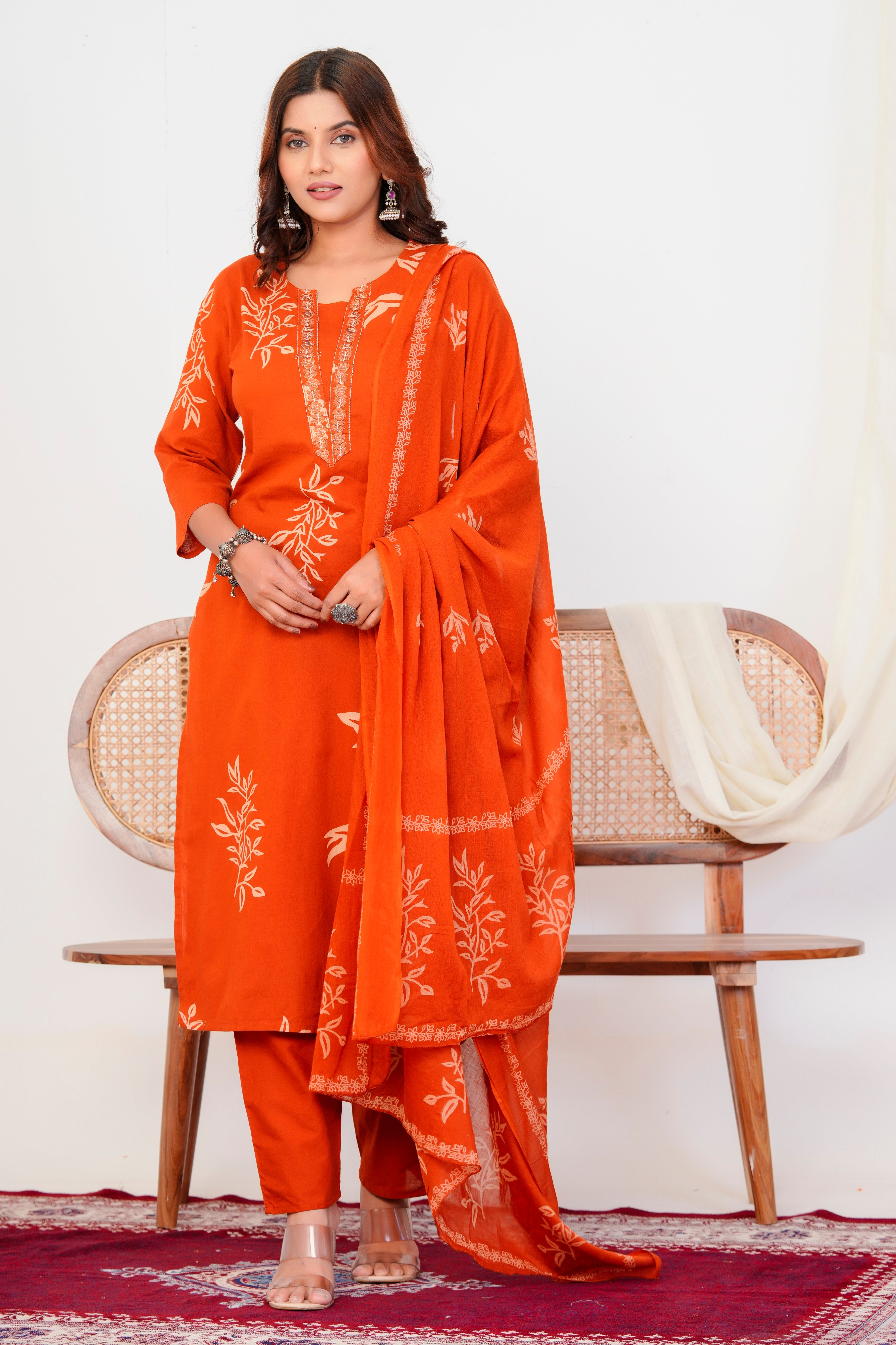 Bna Bnaya Floral Print Cotton Embroidered Kurta Pant Dupatta set
