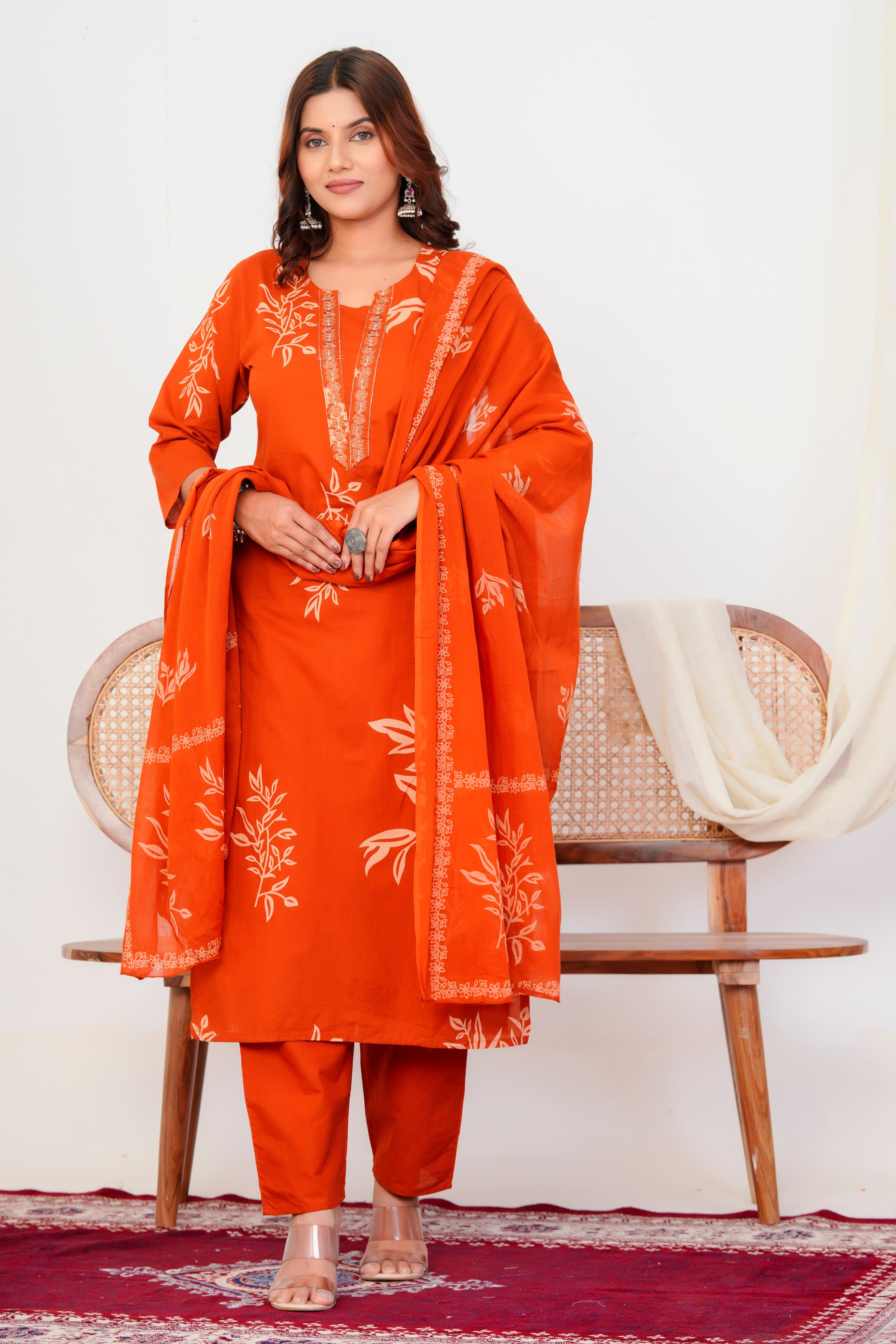Bna Bnaya Floral Print Cotton Embroidered Kurta Pant Dupatta set
