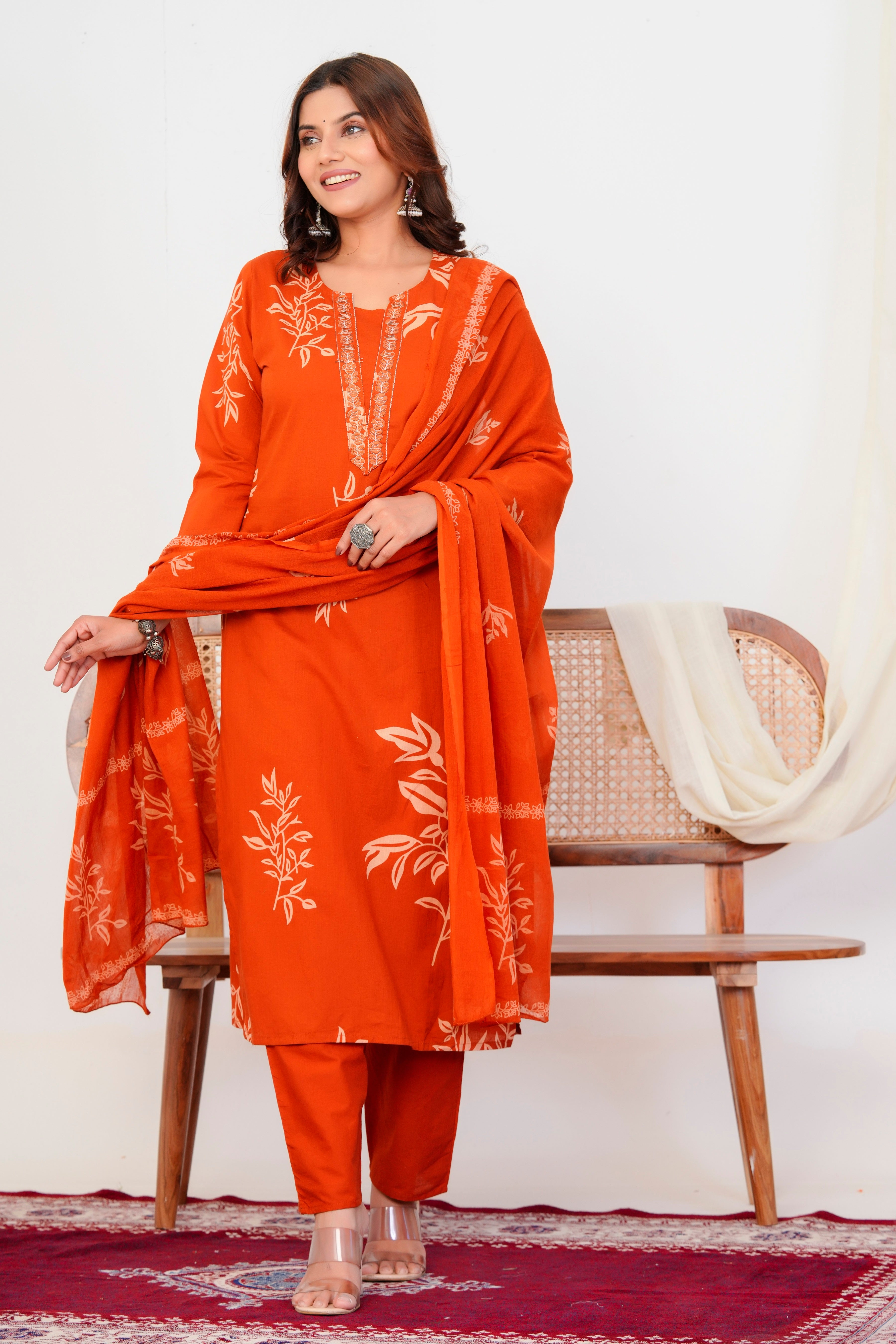 Bna Bnaya Floral Print Cotton Embroidered Kurta Pant Dupatta set