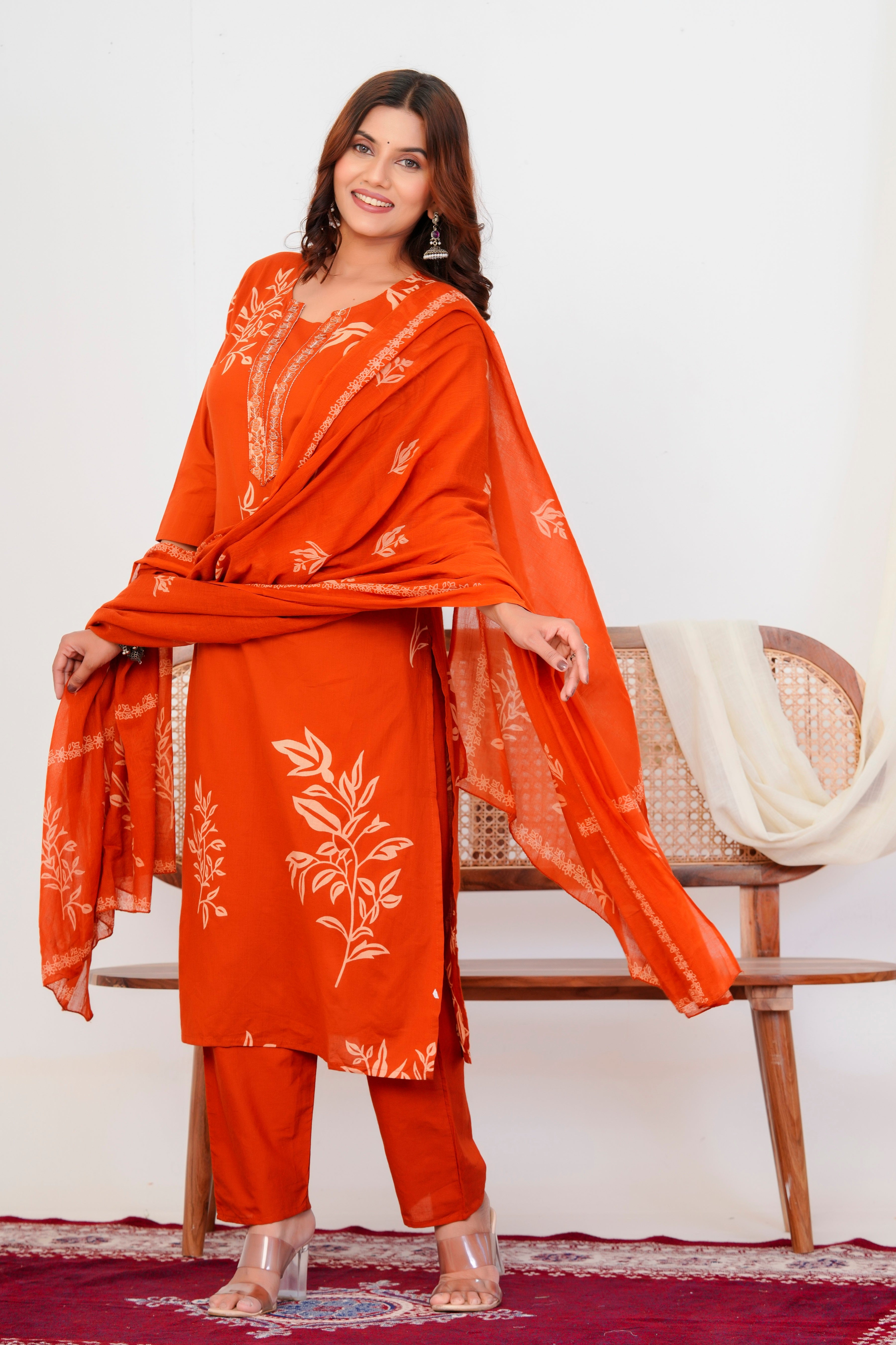 Bna Bnaya Floral Print Cotton Embroidered Kurta Pant Dupatta set