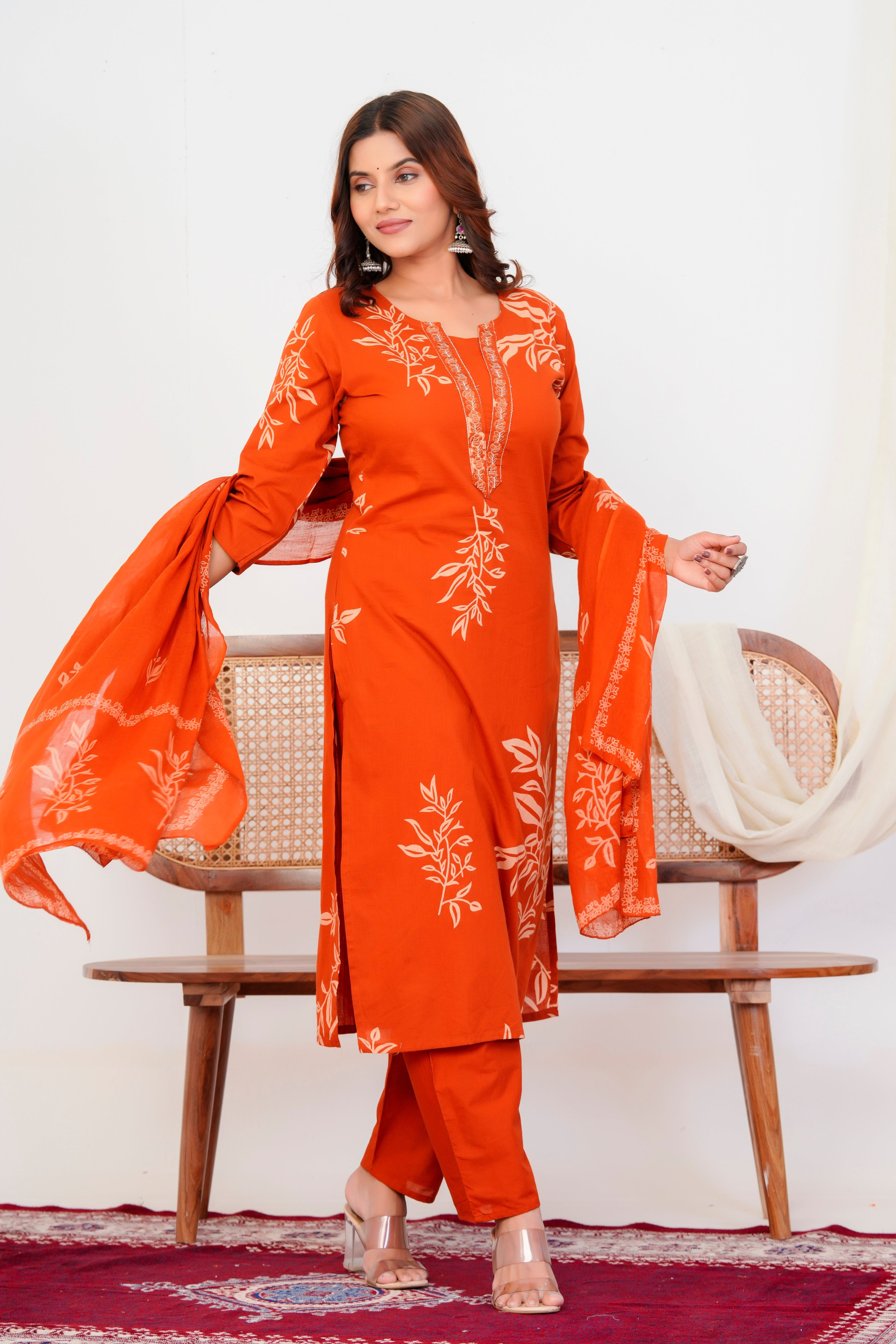 Bna Bnaya Floral Print Cotton Embroidered Kurta Pant Dupatta set