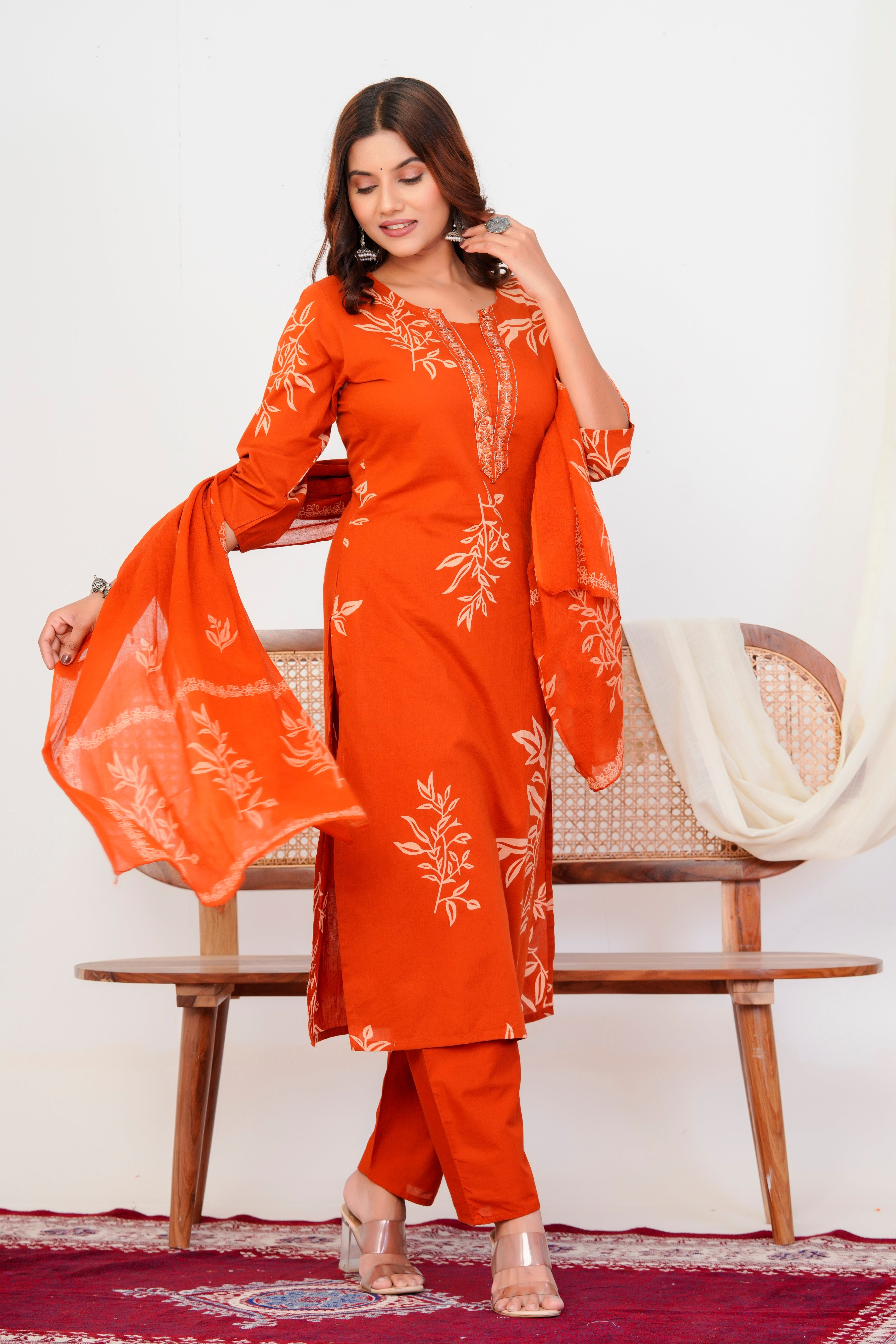 Bna Bnaya Floral Print Cotton Embroidered Kurta Pant Dupatta set