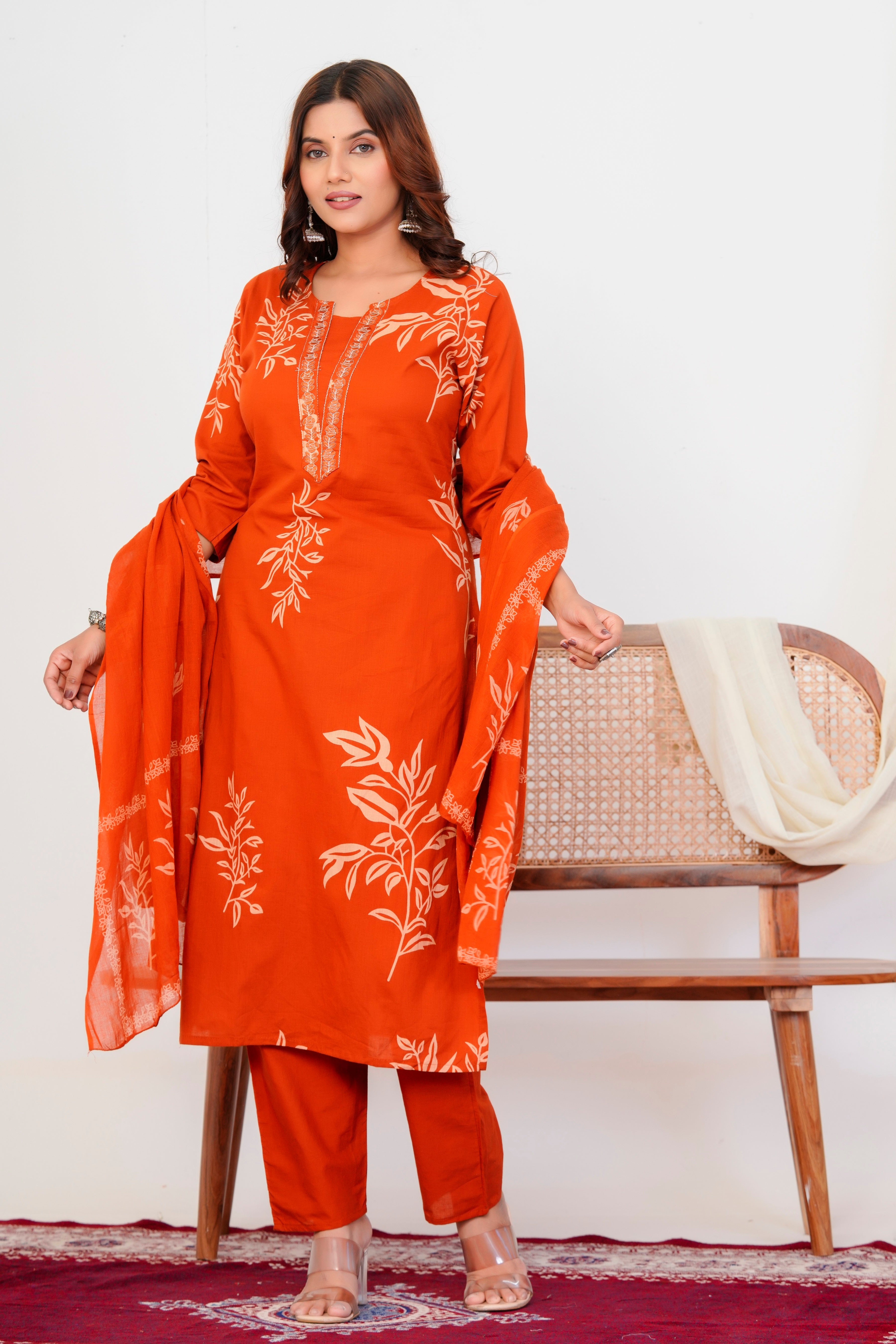 Bna Bnaya Floral Print Cotton Embroidered Kurta Pant Dupatta set