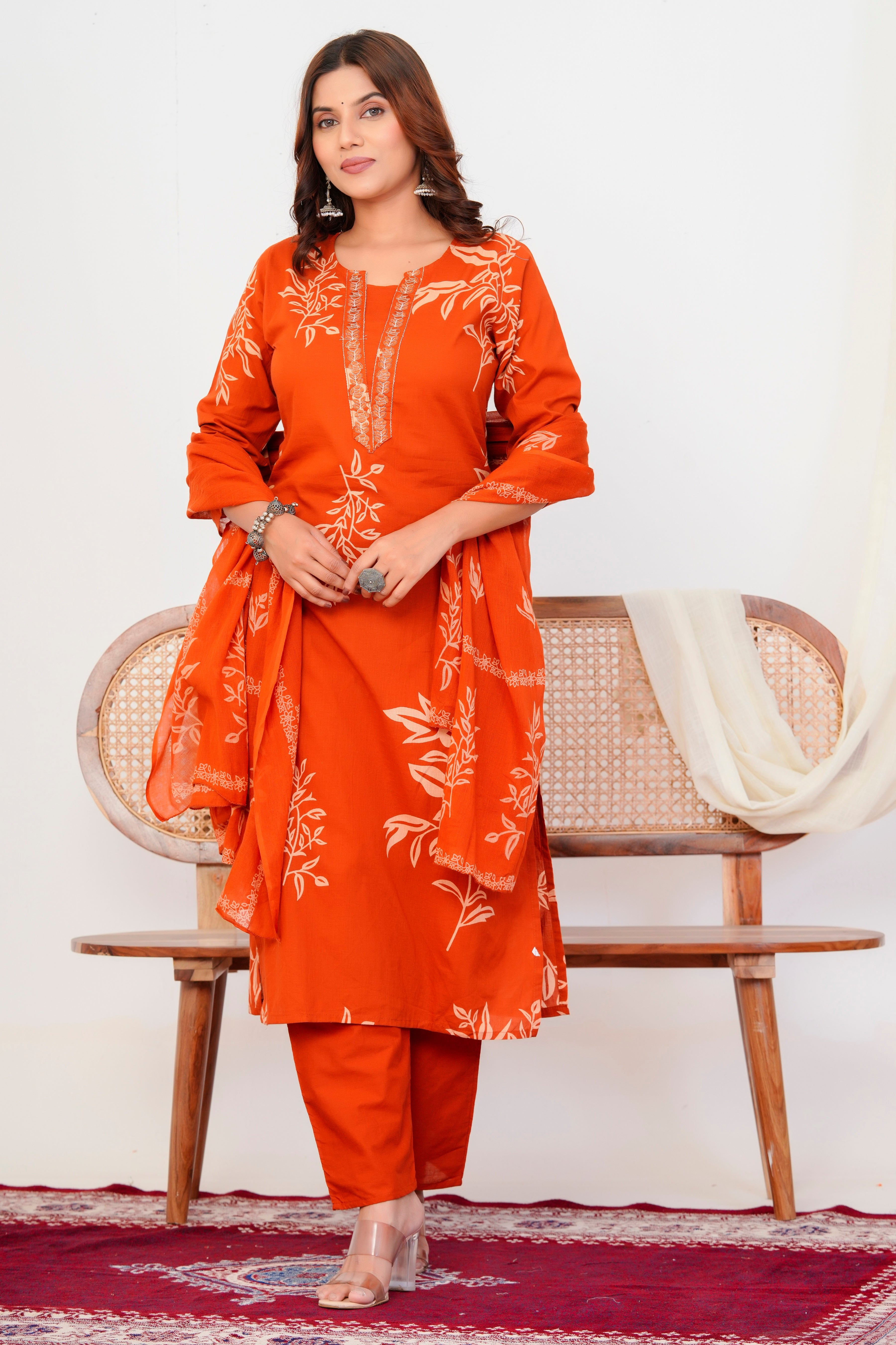Bna Bnaya Floral Print Cotton Embroidered Kurta Pant Dupatta set