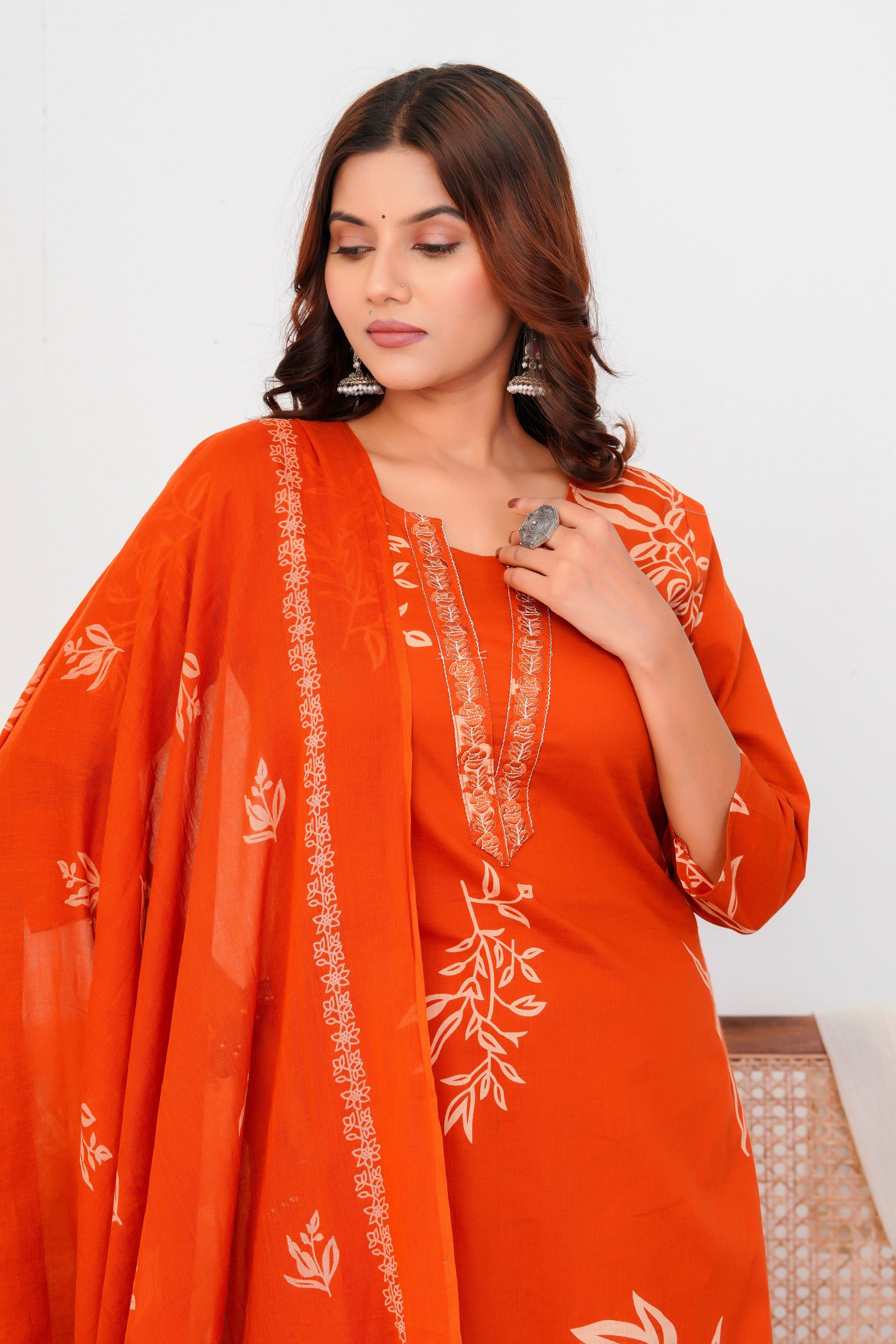 Bna Bnaya Floral Print Cotton Embroidered Kurta Pant Dupatta set