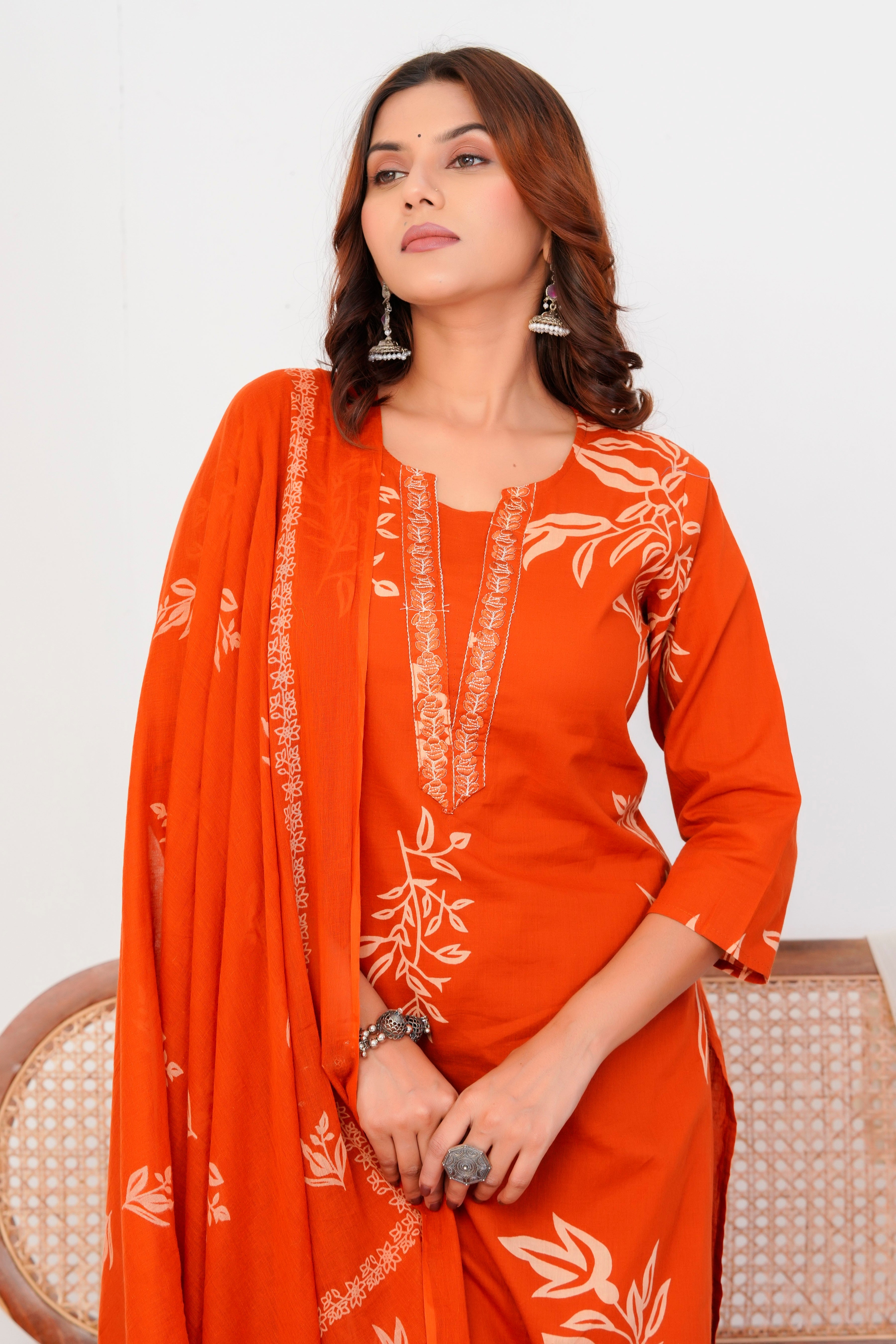 Bna Bnaya Floral Print Cotton Embroidered Kurta Pant Dupatta set