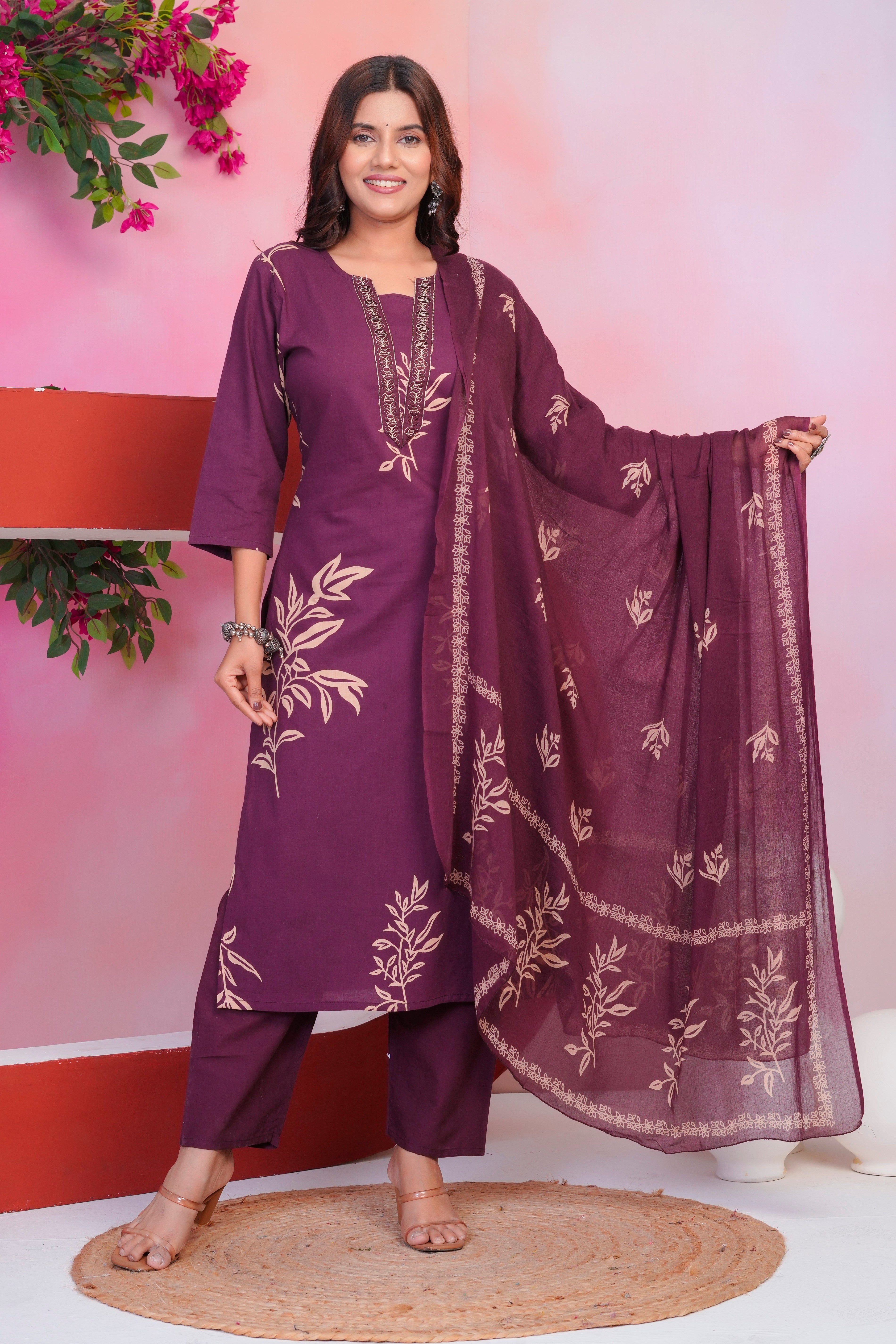 Bna Bnaya Floral Print Cotton Embroidered Kurta Pant Dupatta set