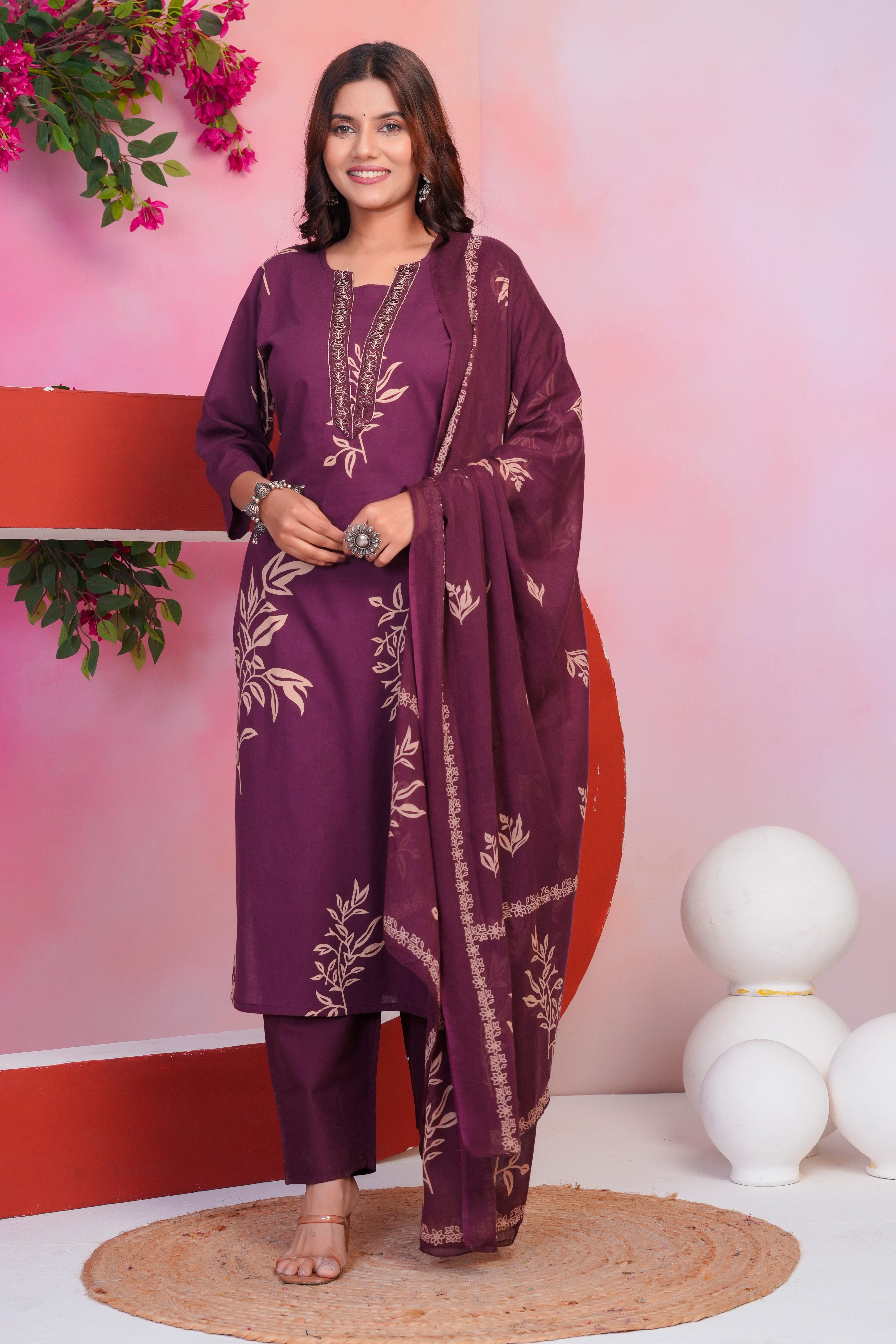 Bna Bnaya Floral Print Cotton Embroidered Kurta Pant Dupatta set