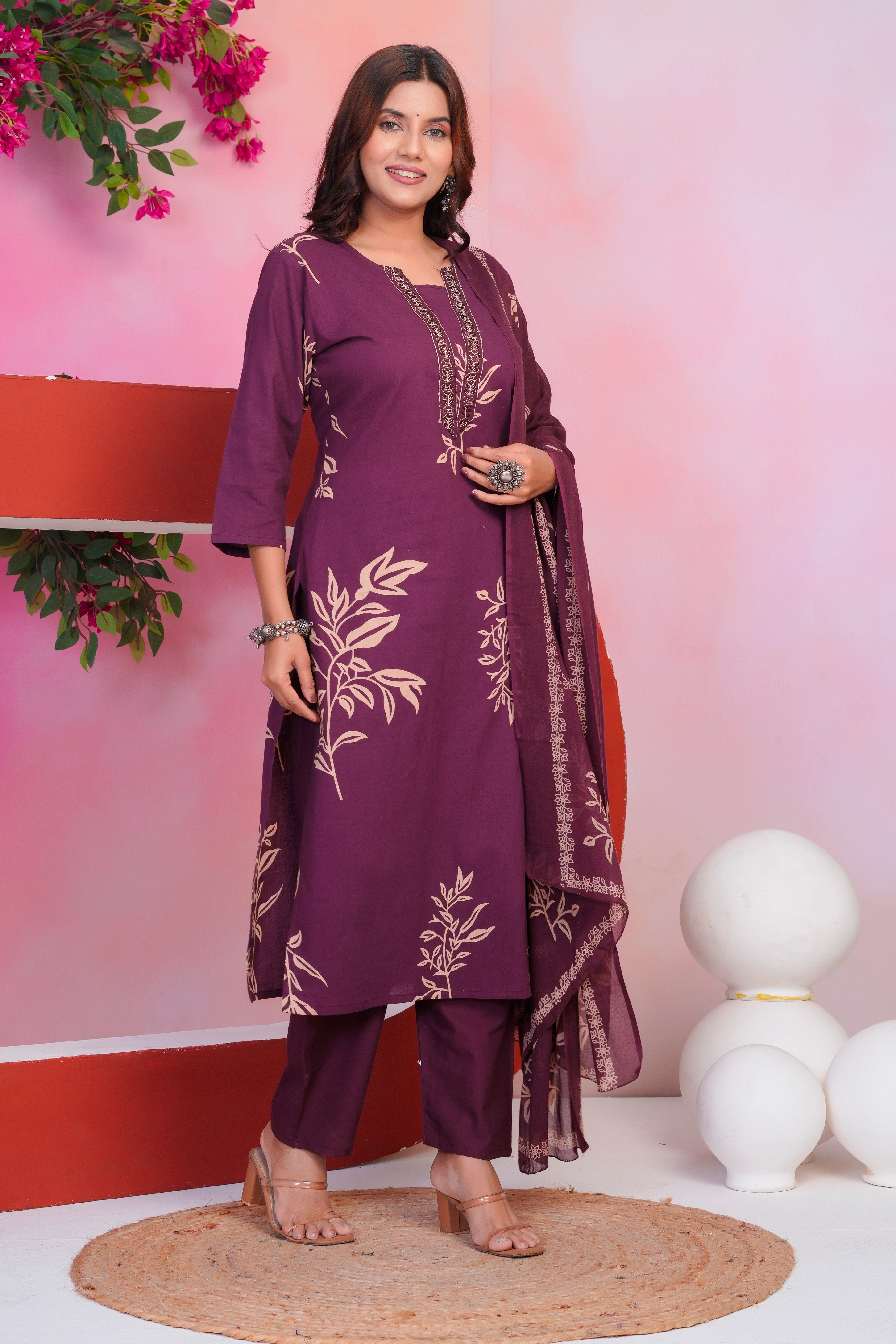 Bna Bnaya Floral Print Cotton Embroidered Kurta Pant Dupatta set