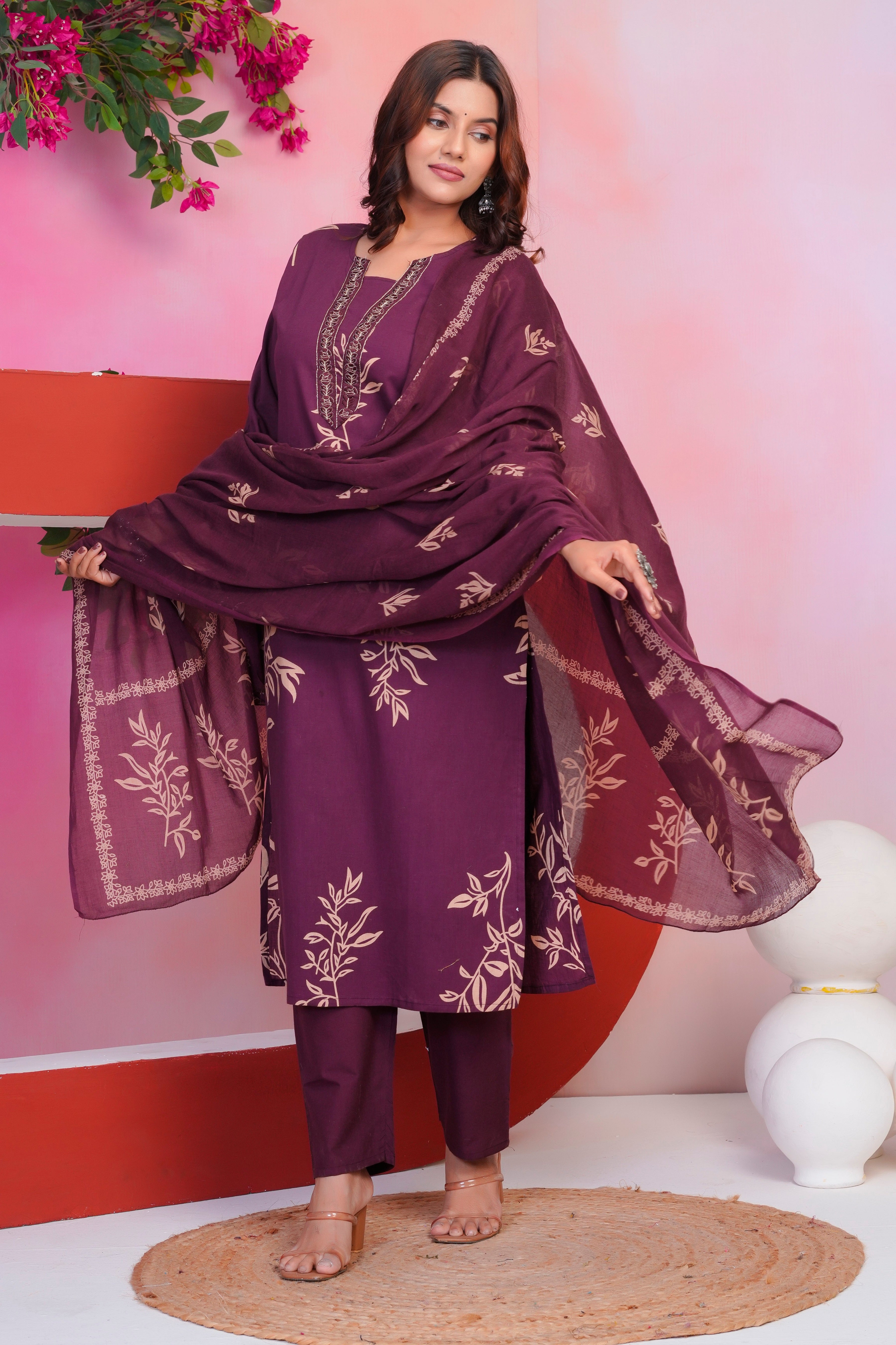 Bna Bnaya Floral Print Cotton Embroidered Kurta Pant Dupatta set