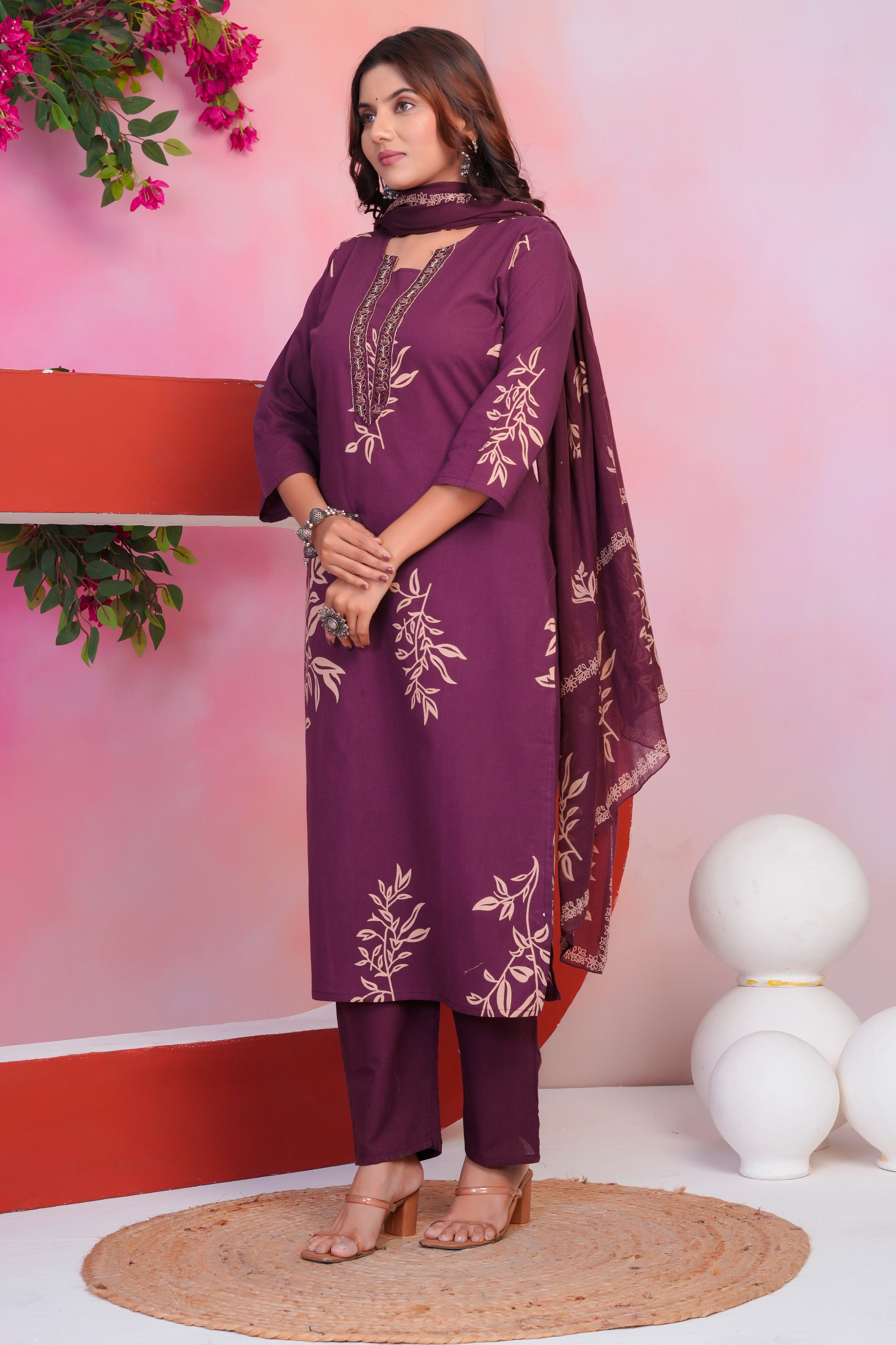Bna Bnaya Floral Print Cotton Embroidered Kurta Pant Dupatta set