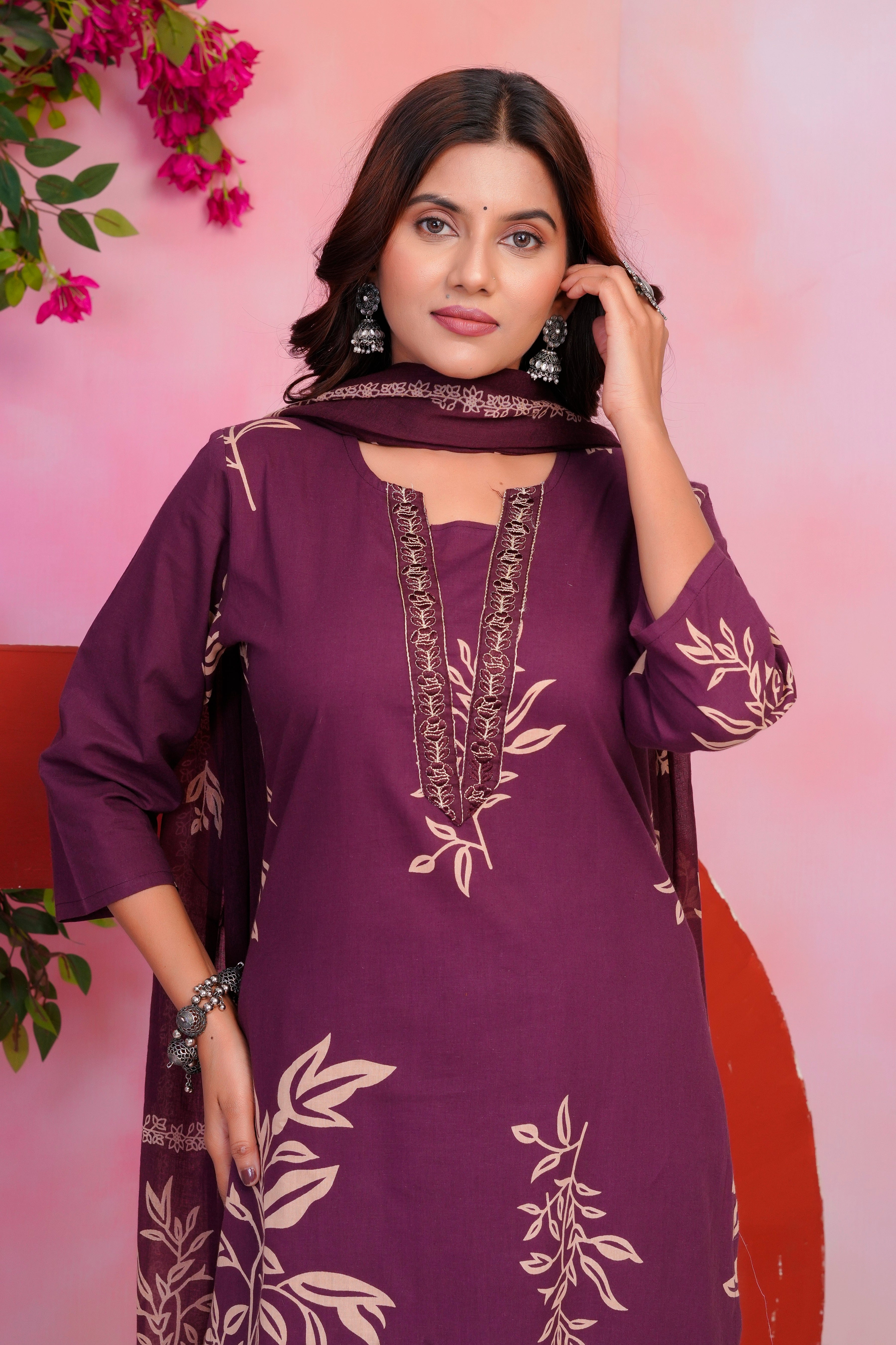 Bna Bnaya Floral Print Cotton Embroidered Kurta Pant Dupatta set