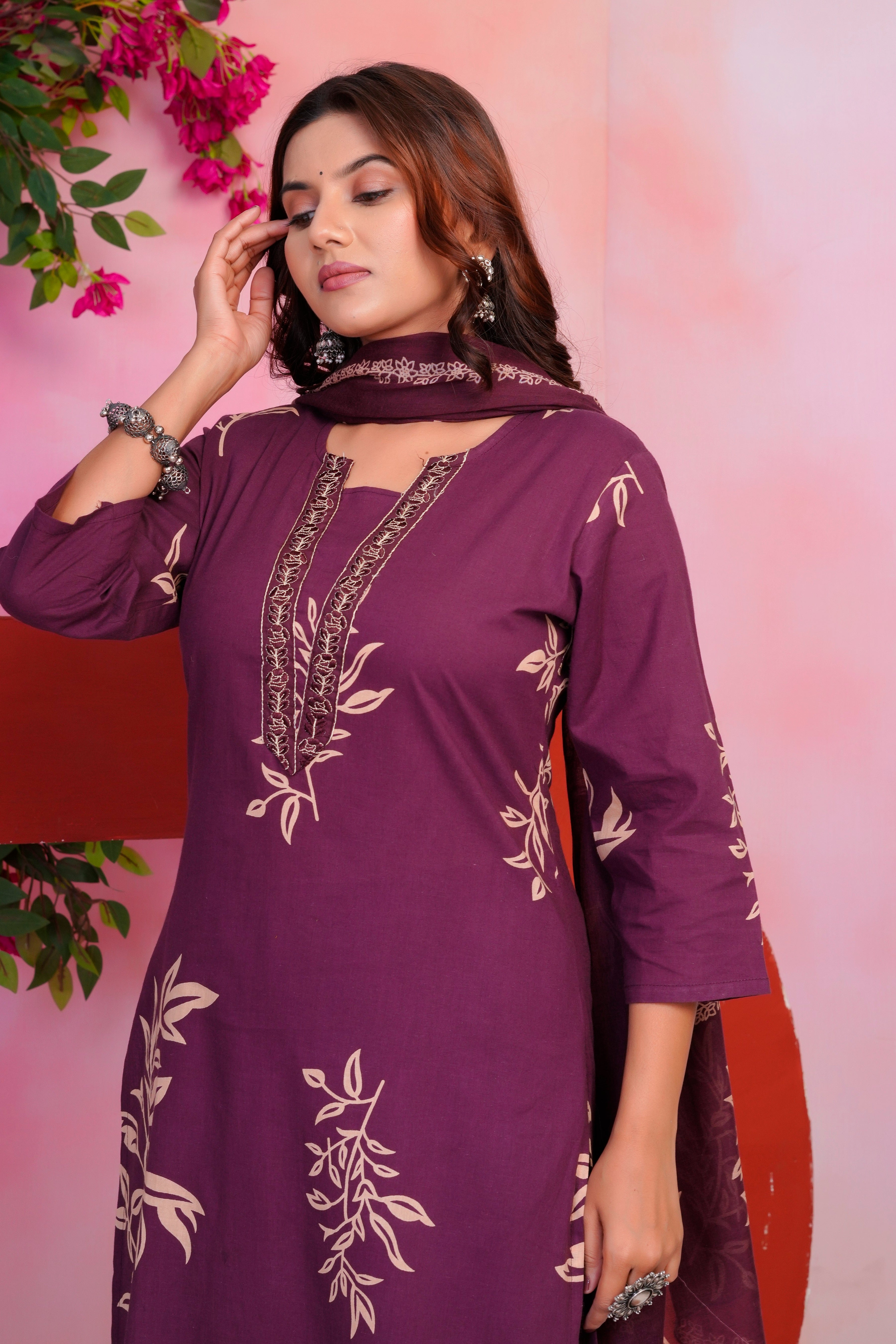 Bna Bnaya Floral Print Cotton Embroidered Kurta Pant Dupatta set