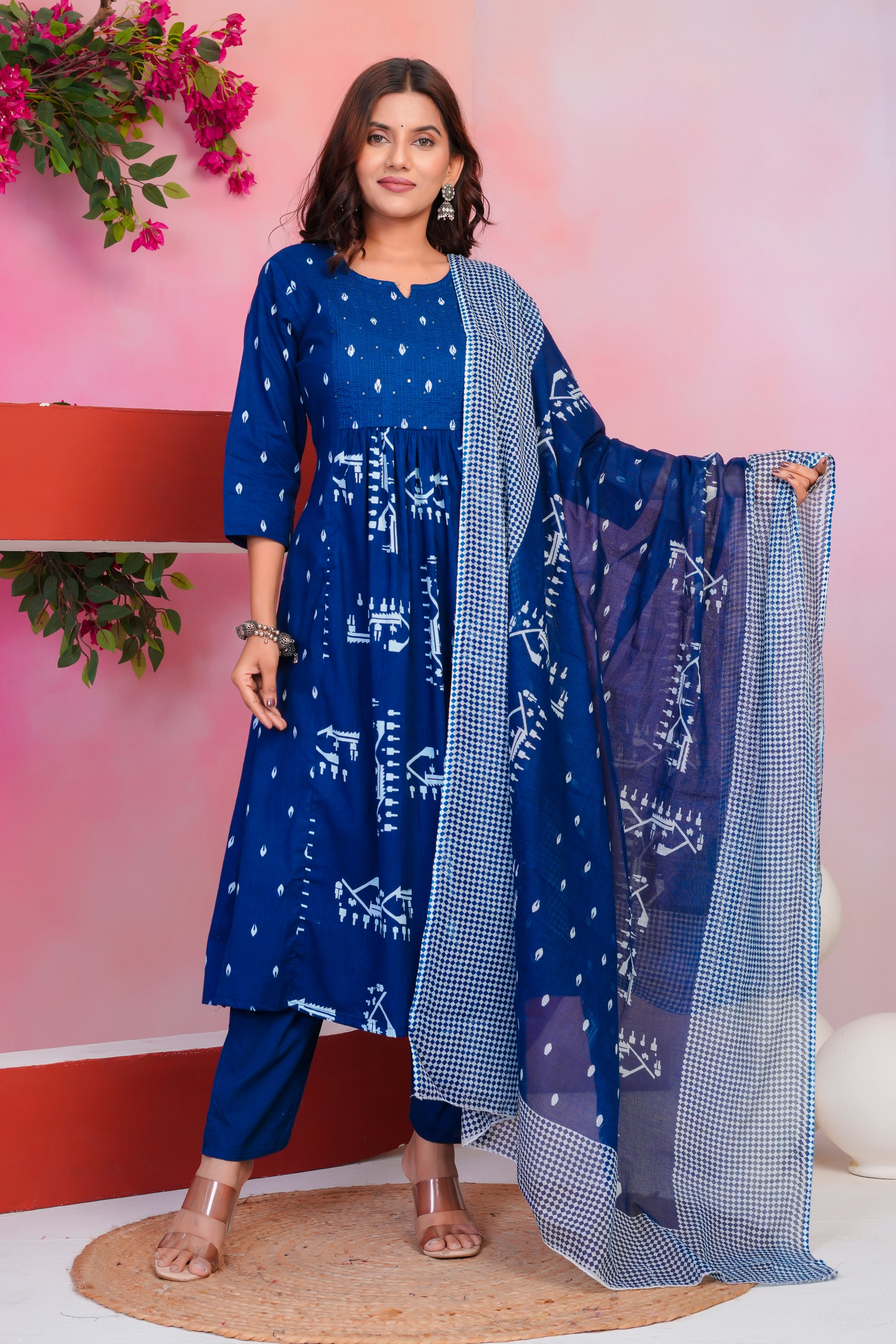 Bna Bnaya Cotton Blue Anarkali Dupatta Set