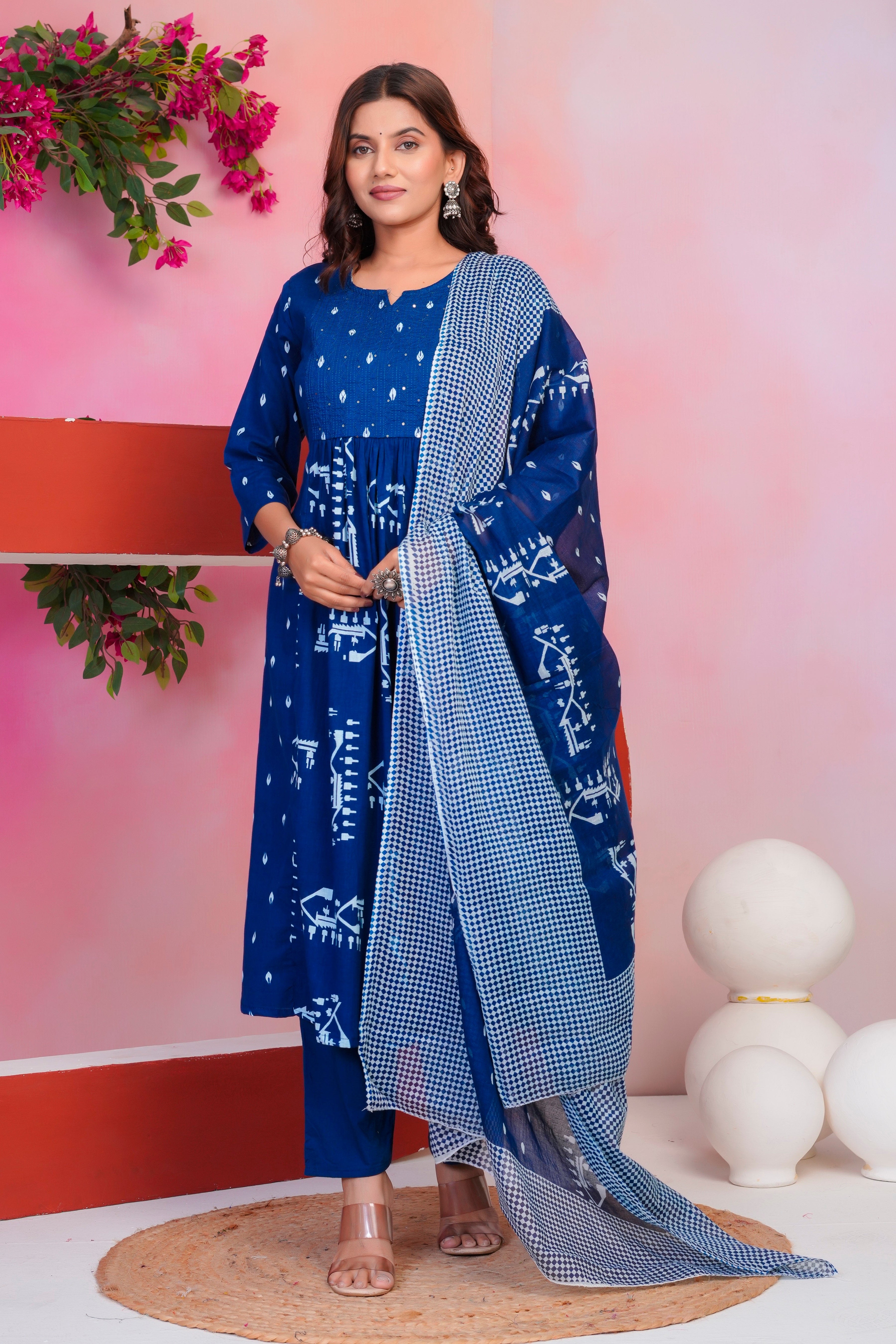 Bna Bnaya Cotton Blue Anarkali Dupatta Set