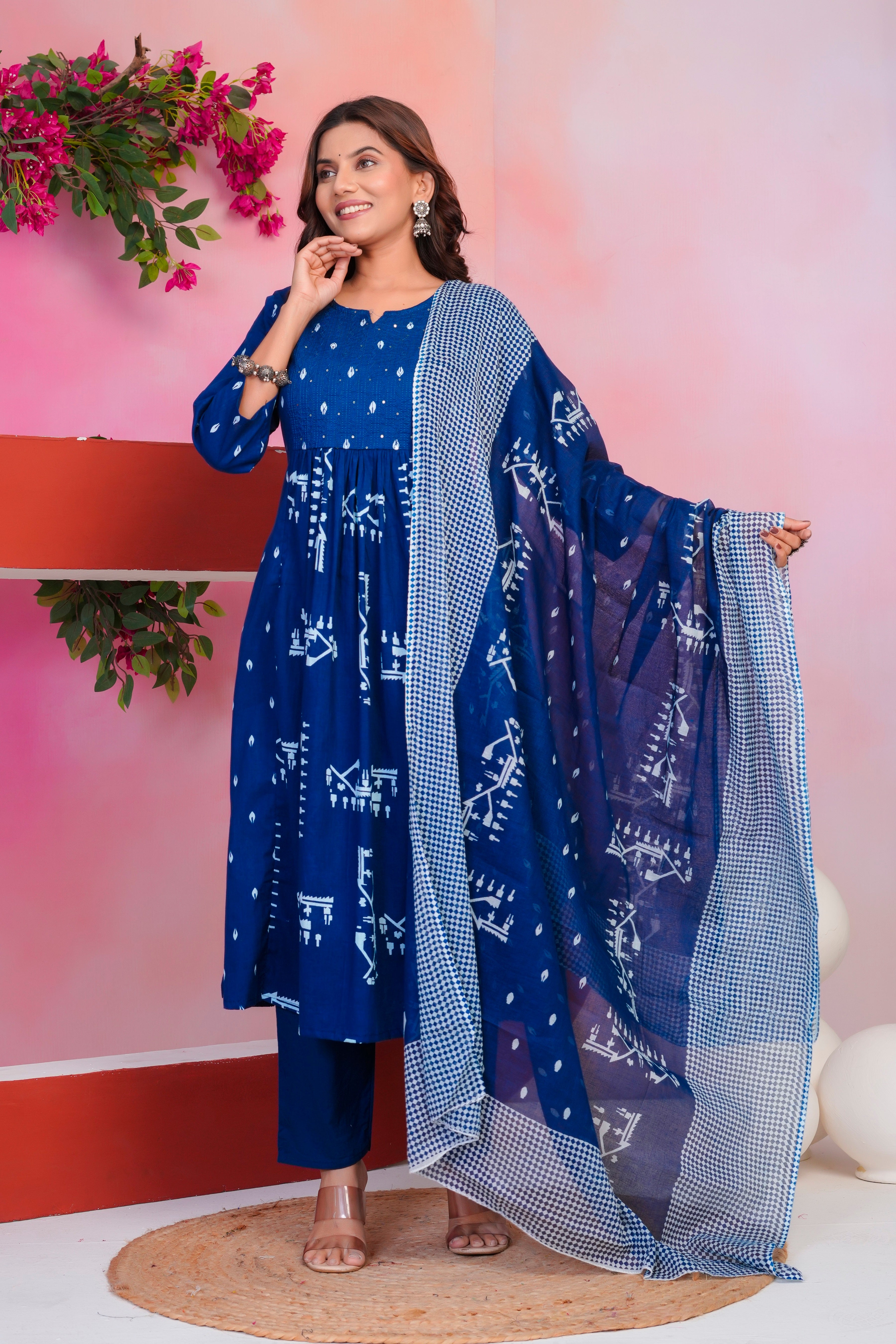 Bna Bnaya Cotton Blue Anarkali Dupatta Set