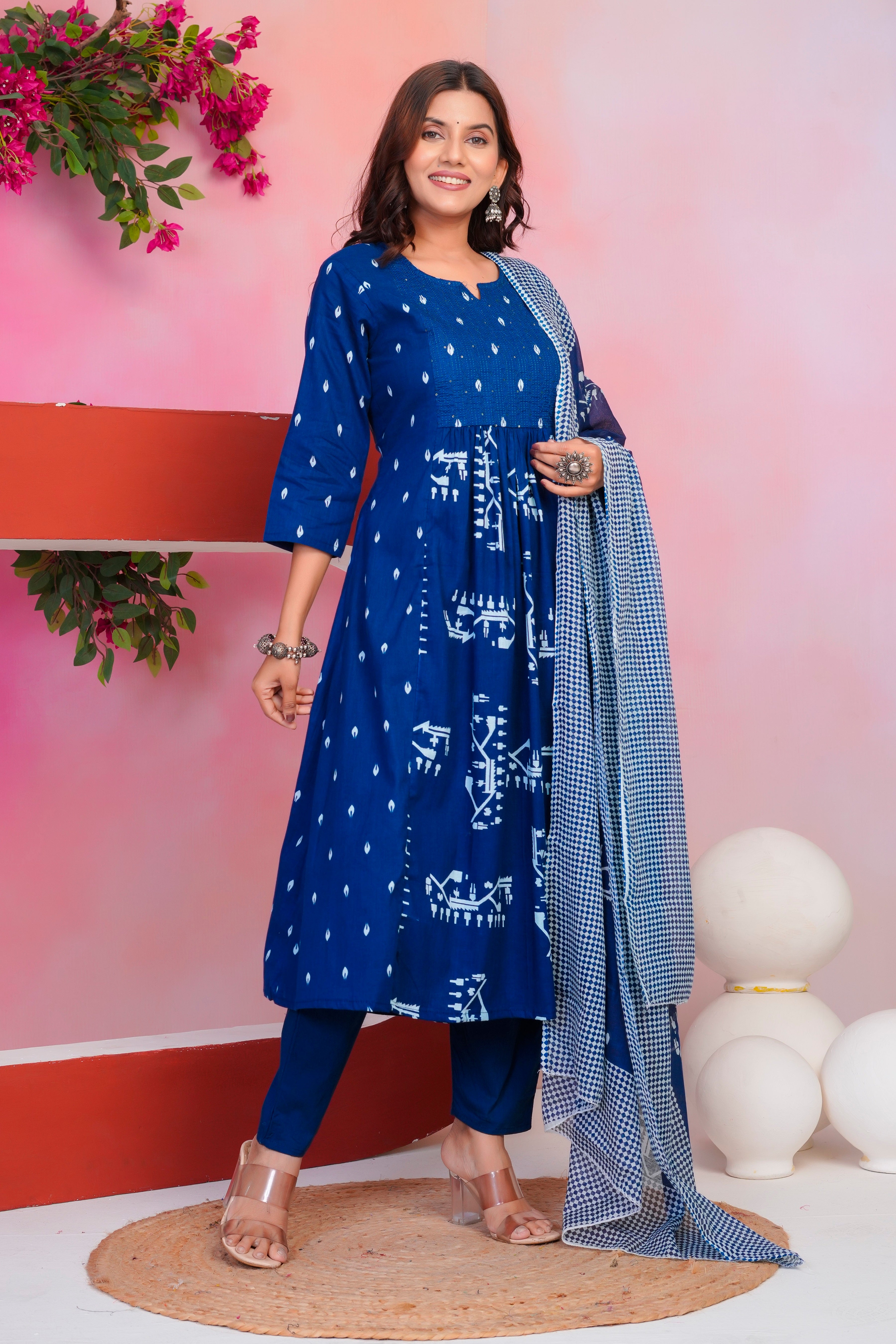Bna Bnaya Cotton Blue Anarkali Dupatta Set