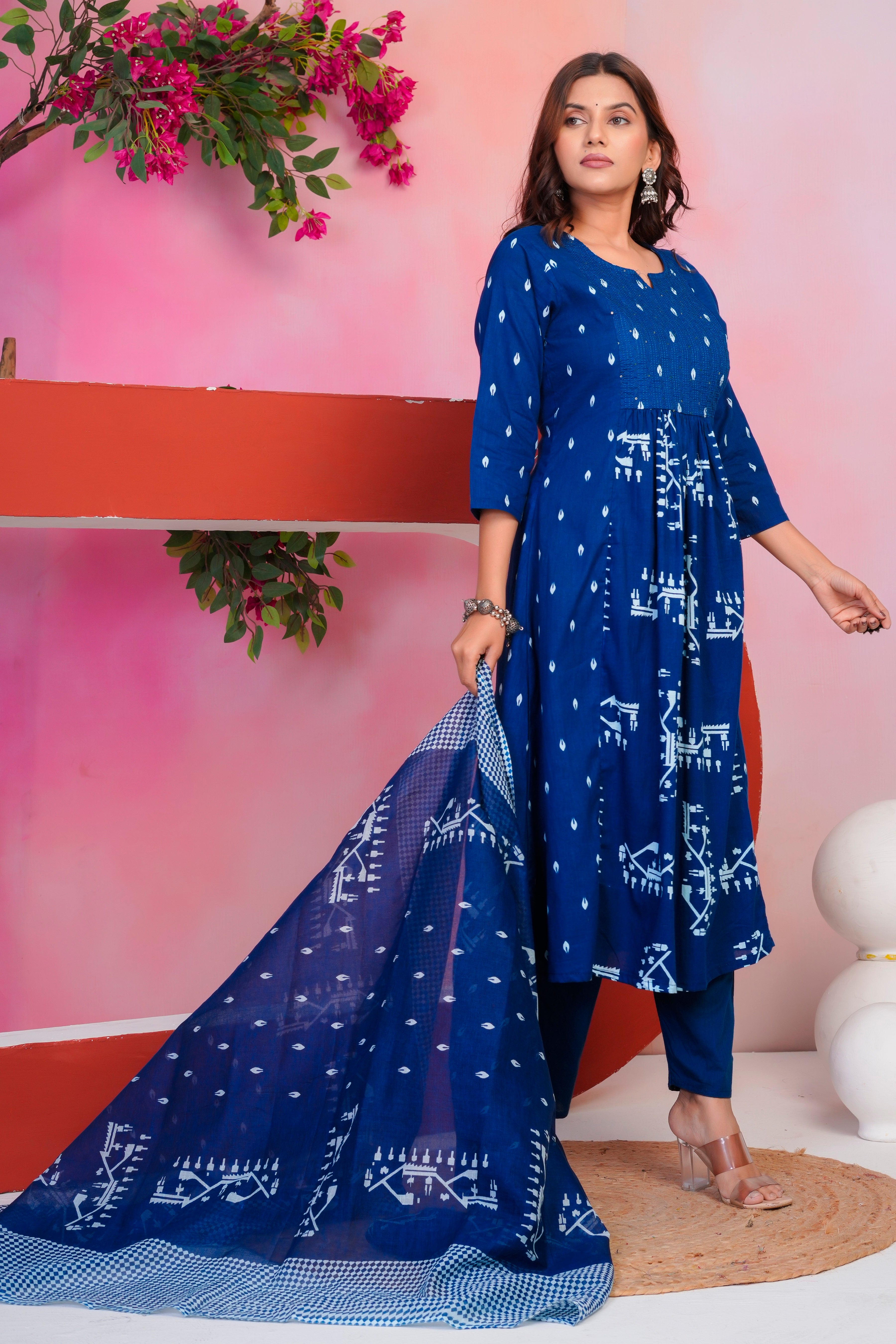 Bna Bnaya Cotton Blue Anarkali Dupatta Set
