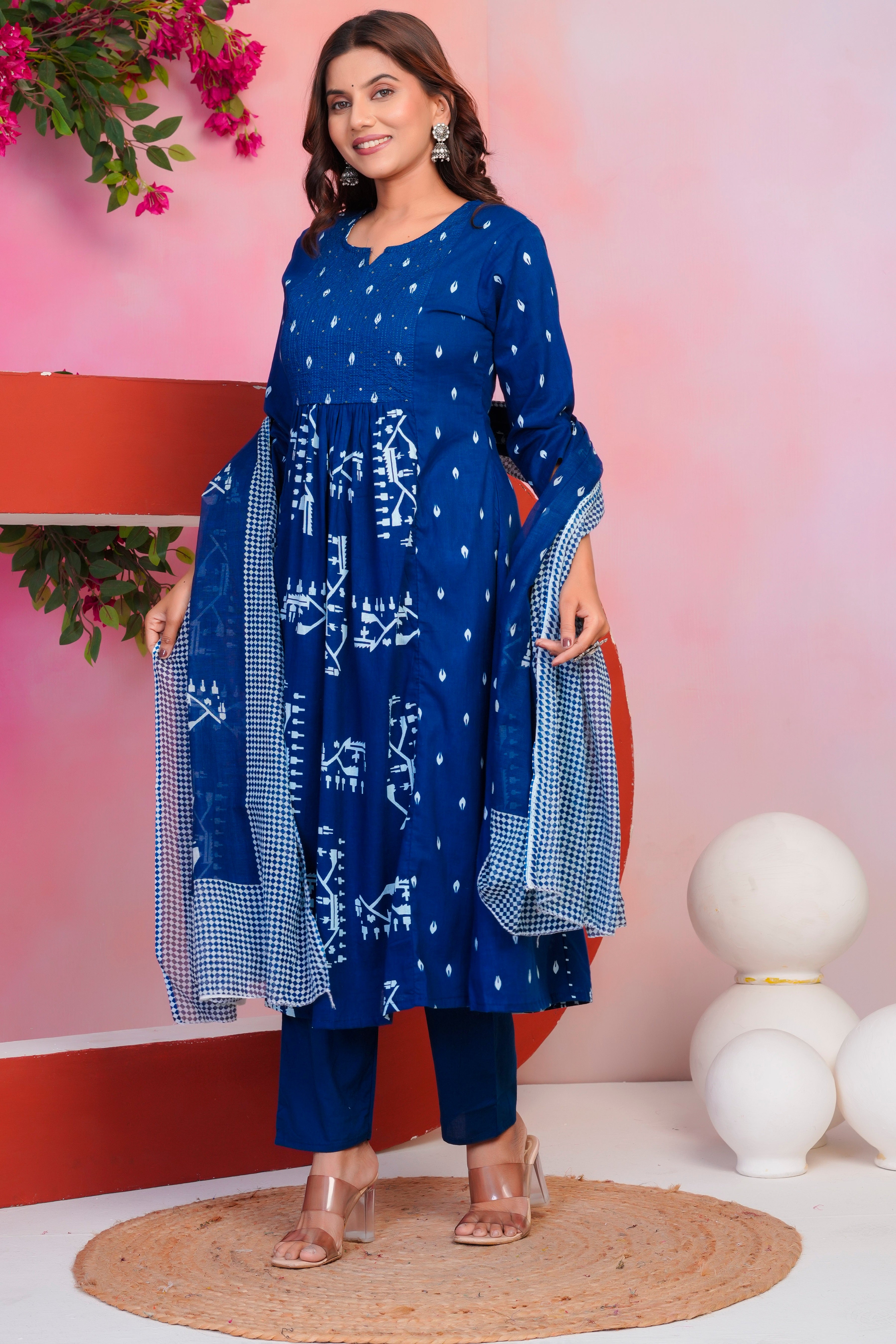 Bna Bnaya Cotton Blue Anarkali Dupatta Set