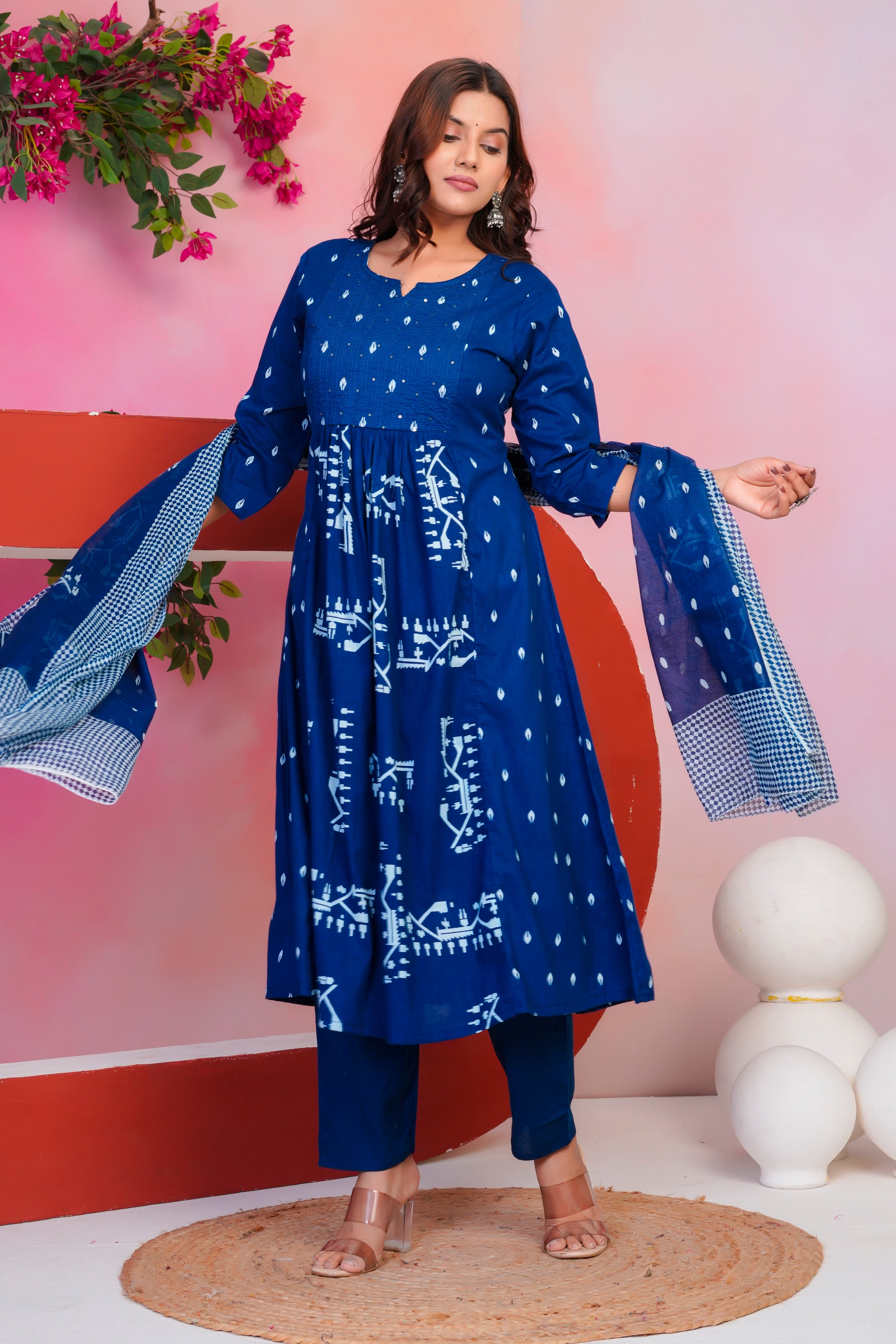 Bna Bnaya Cotton Blue Anarkali Dupatta Set