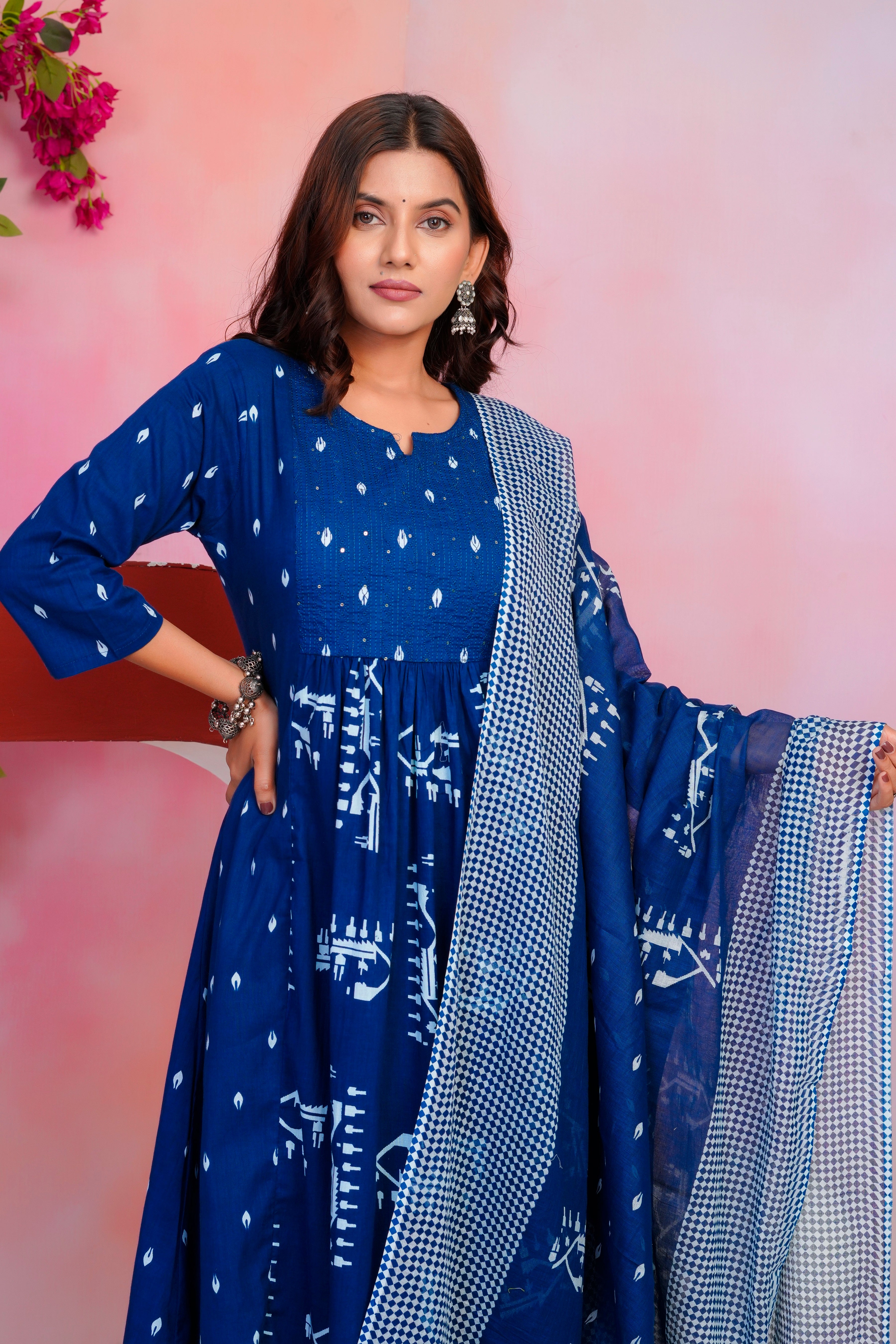 Bna Bnaya Cotton Blue Anarkali Dupatta Set