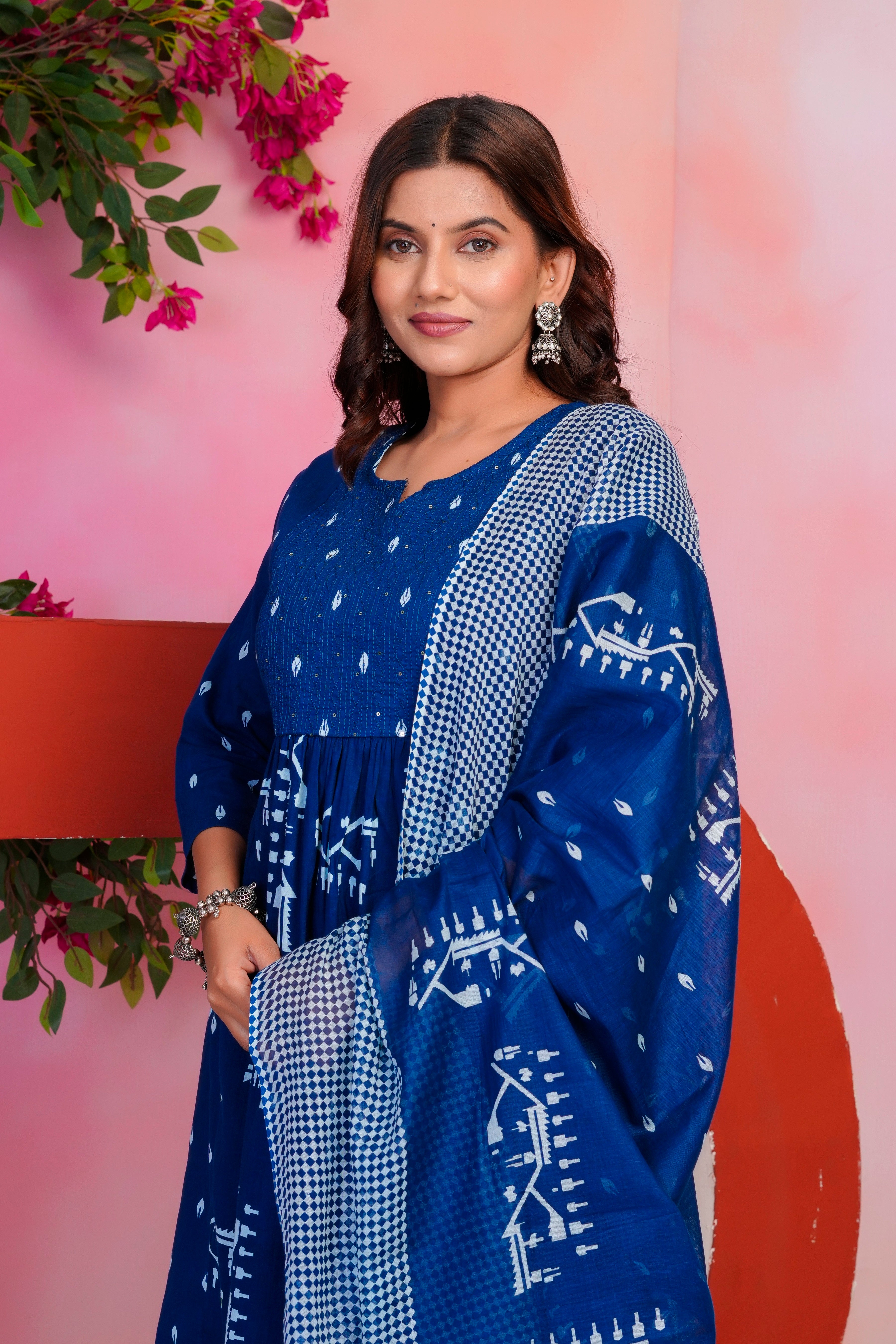 Bna Bnaya Cotton Blue Anarkali Dupatta Set