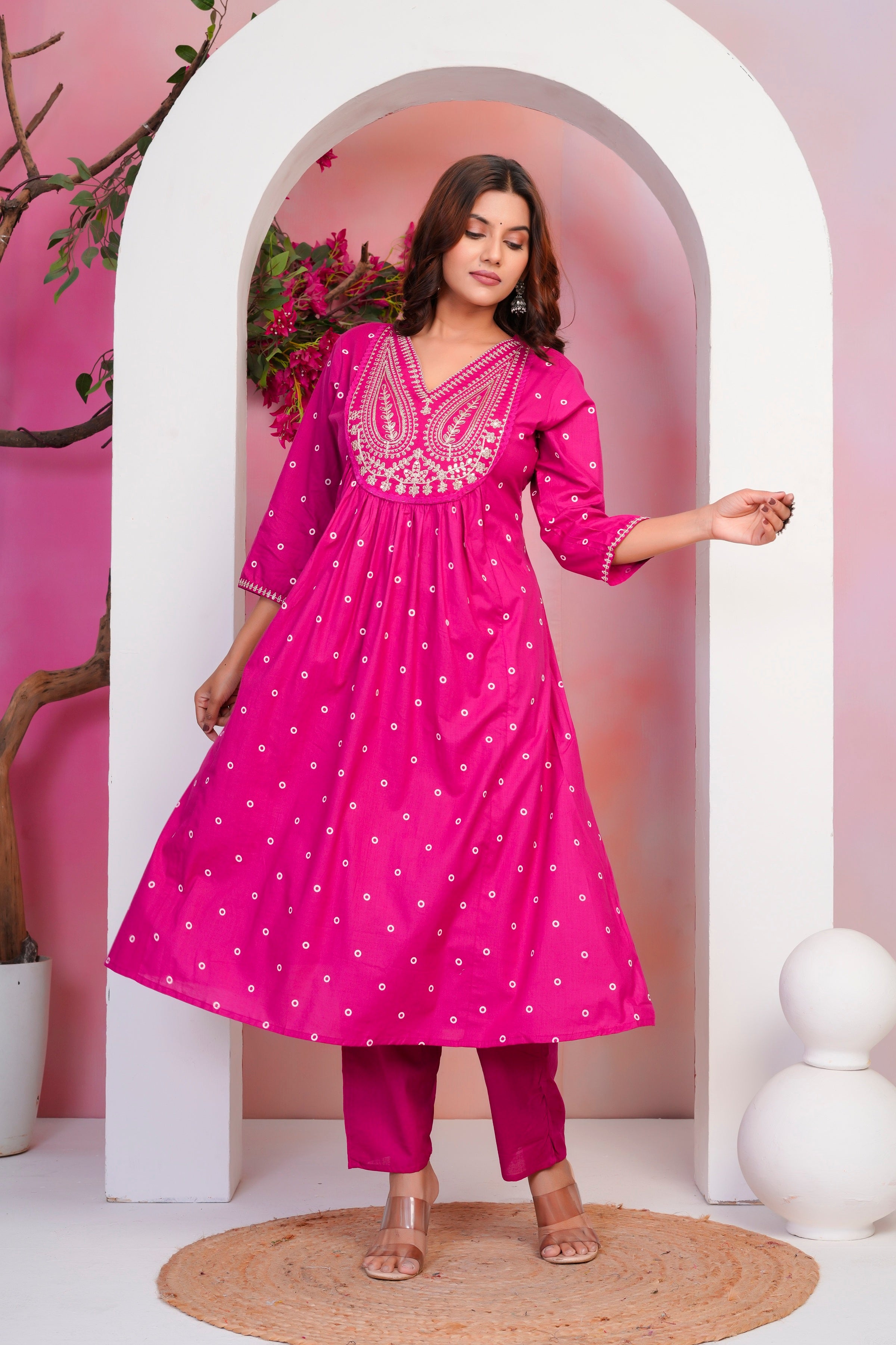 Pink Paisley Handwork A Line Mul Cotton Suit