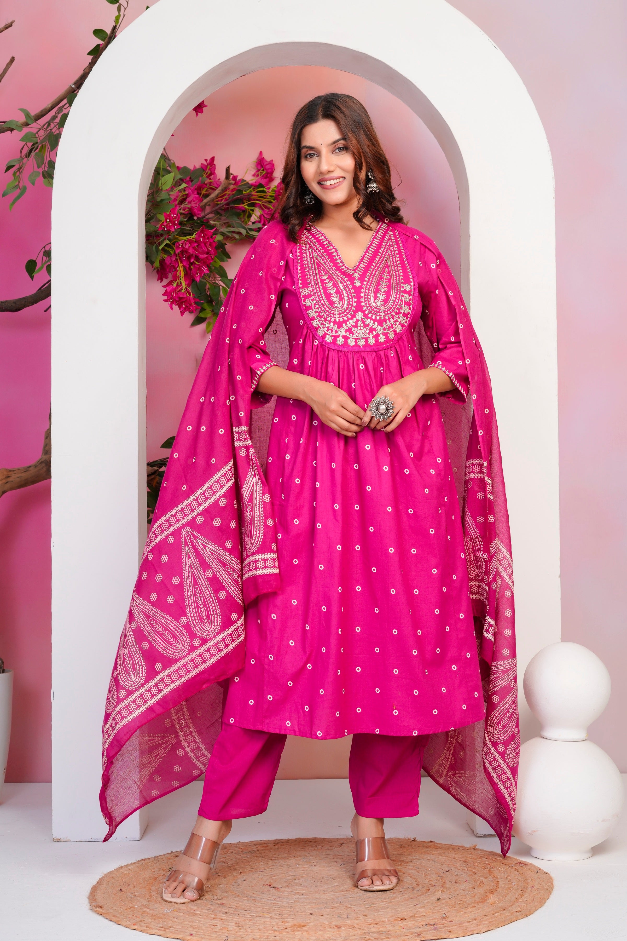 Pink Paisley Handwork A Line Mul Cotton Suit