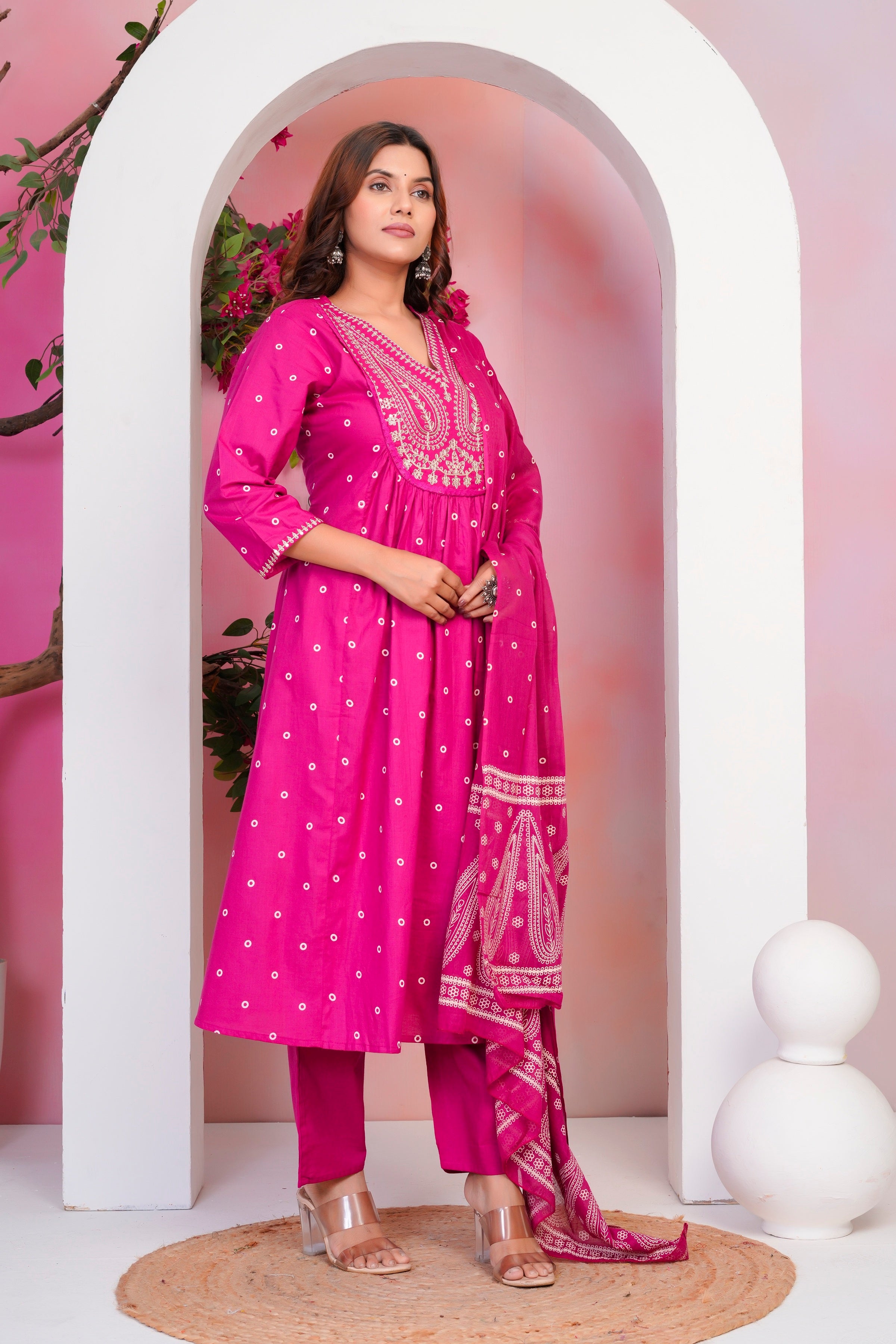 Pink Paisley Handwork A Line Mul Cotton Suit
