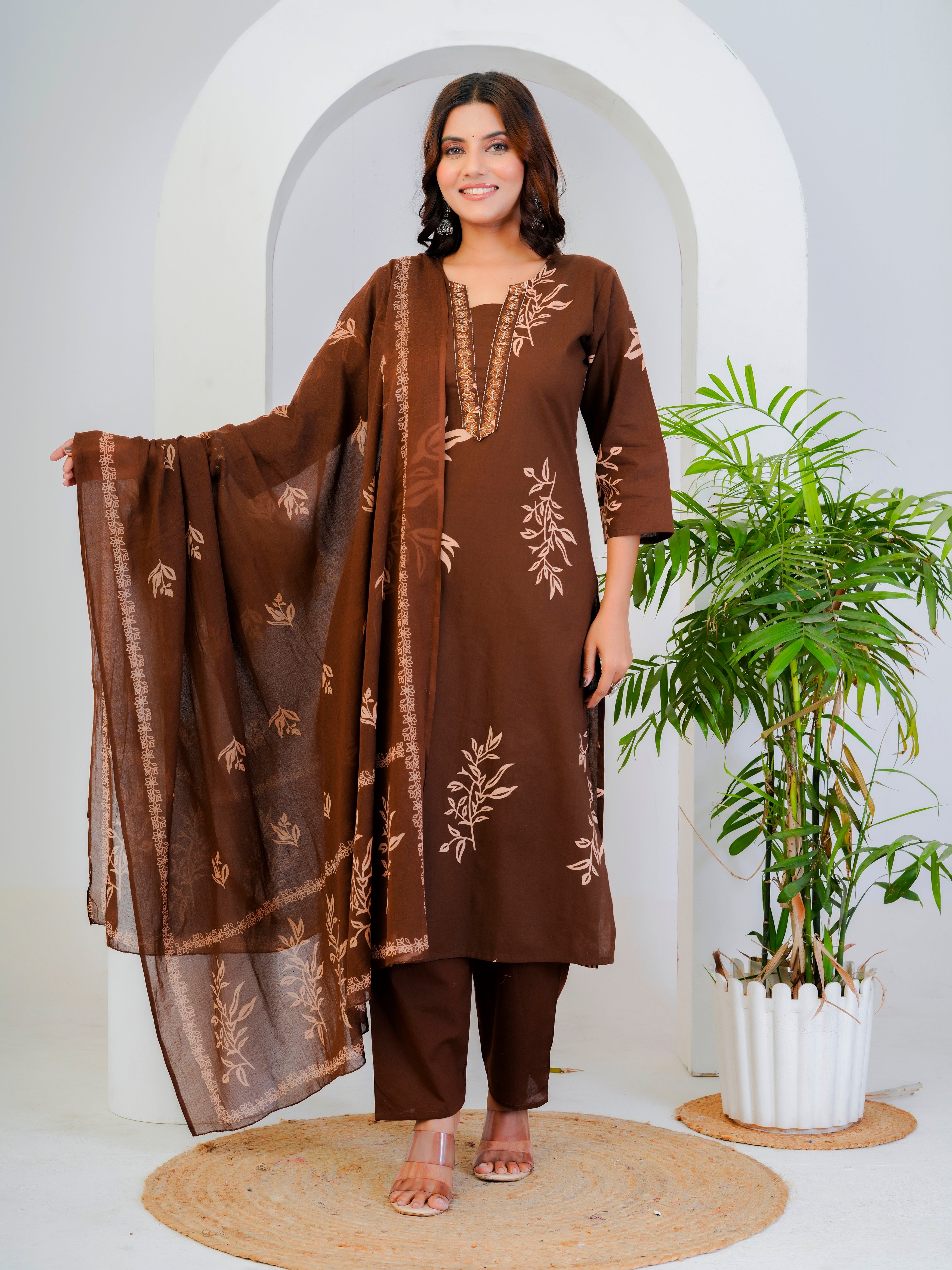 Bna Bnaya Floral Print Cotton Embroidered Kurta Pant Dupatta set