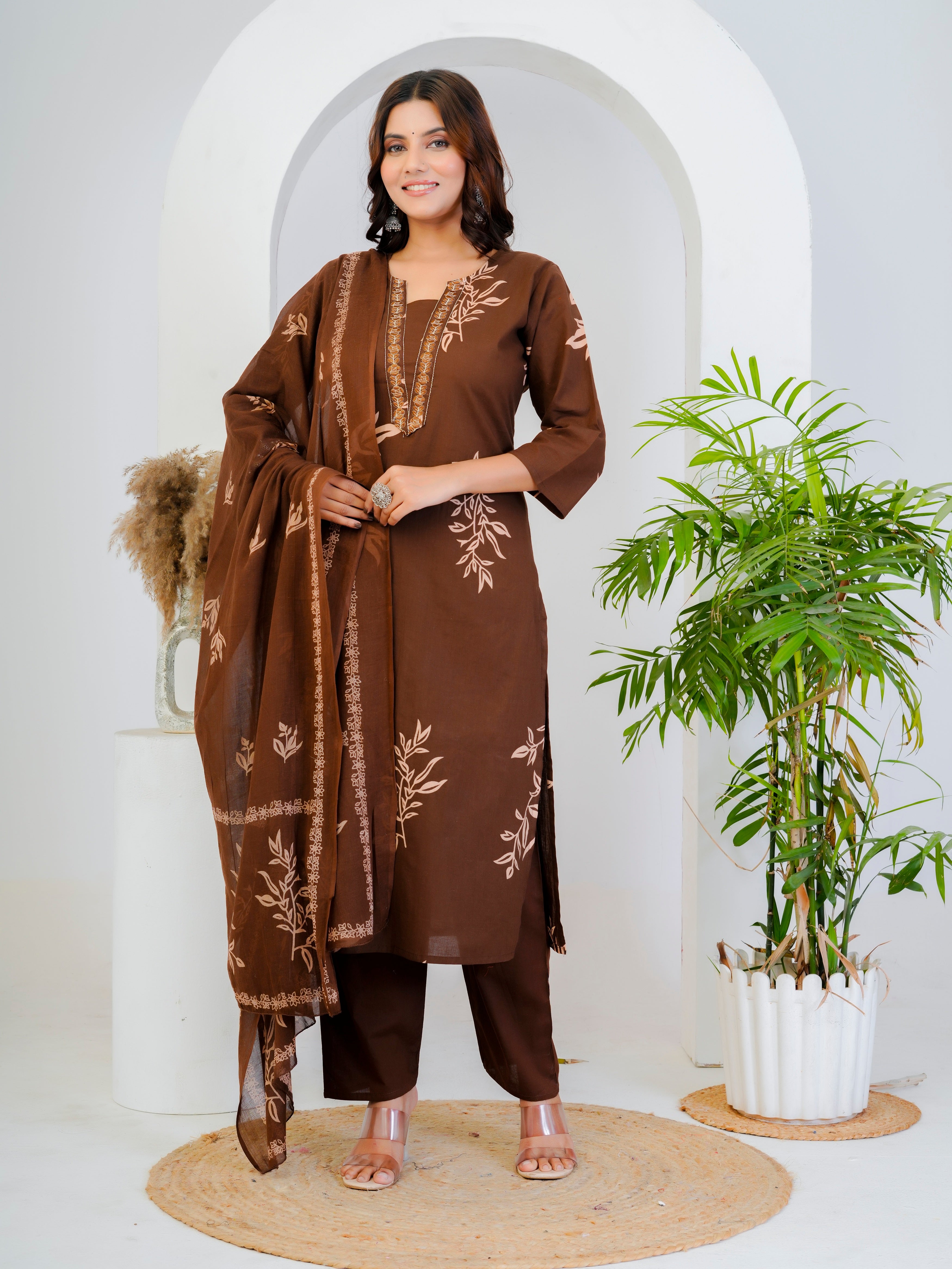 Bna Bnaya Floral Print Cotton Embroidered Kurta Pant Dupatta set