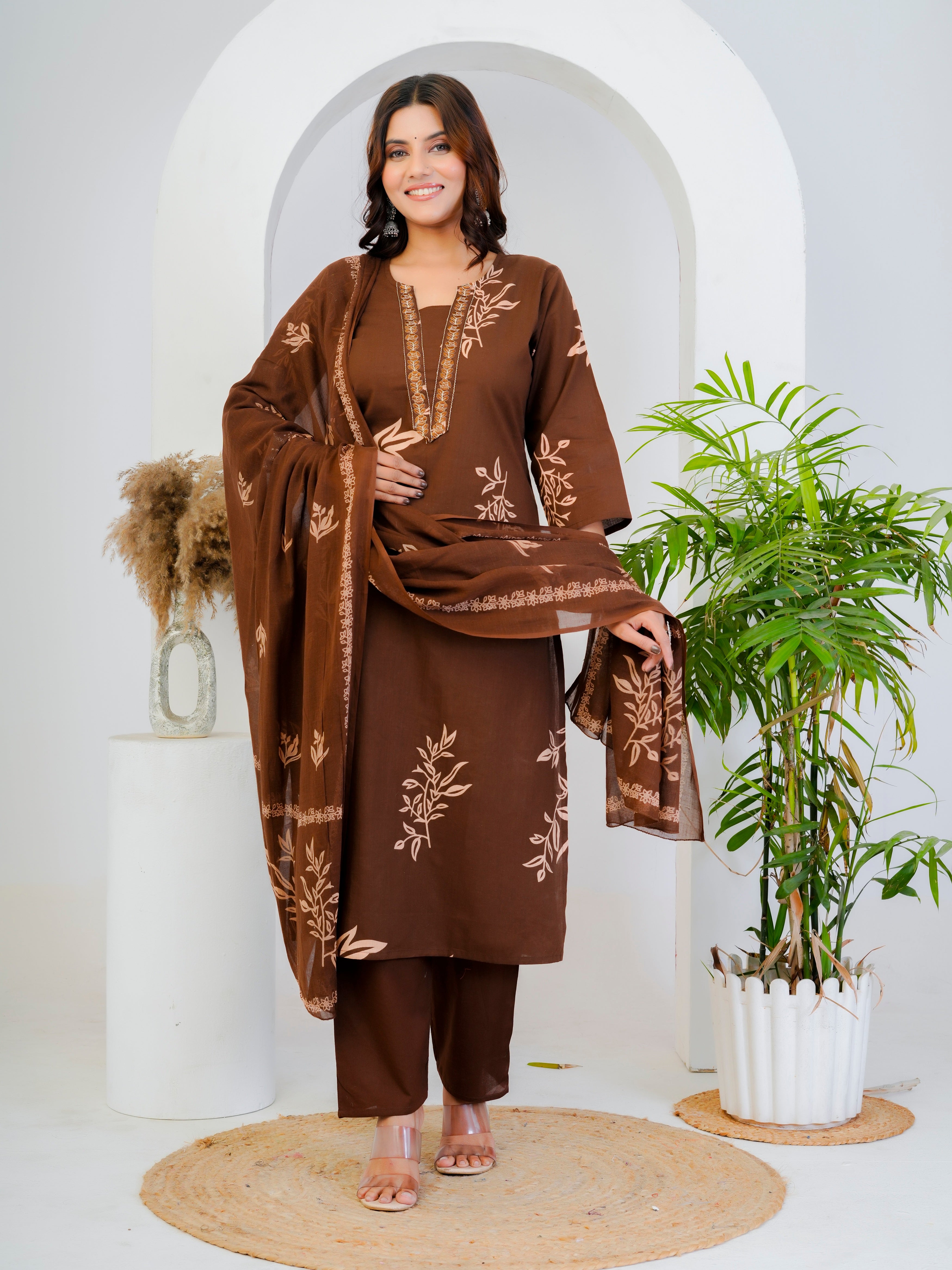 Bna Bnaya Floral Print Cotton Embroidered Kurta Pant Dupatta set