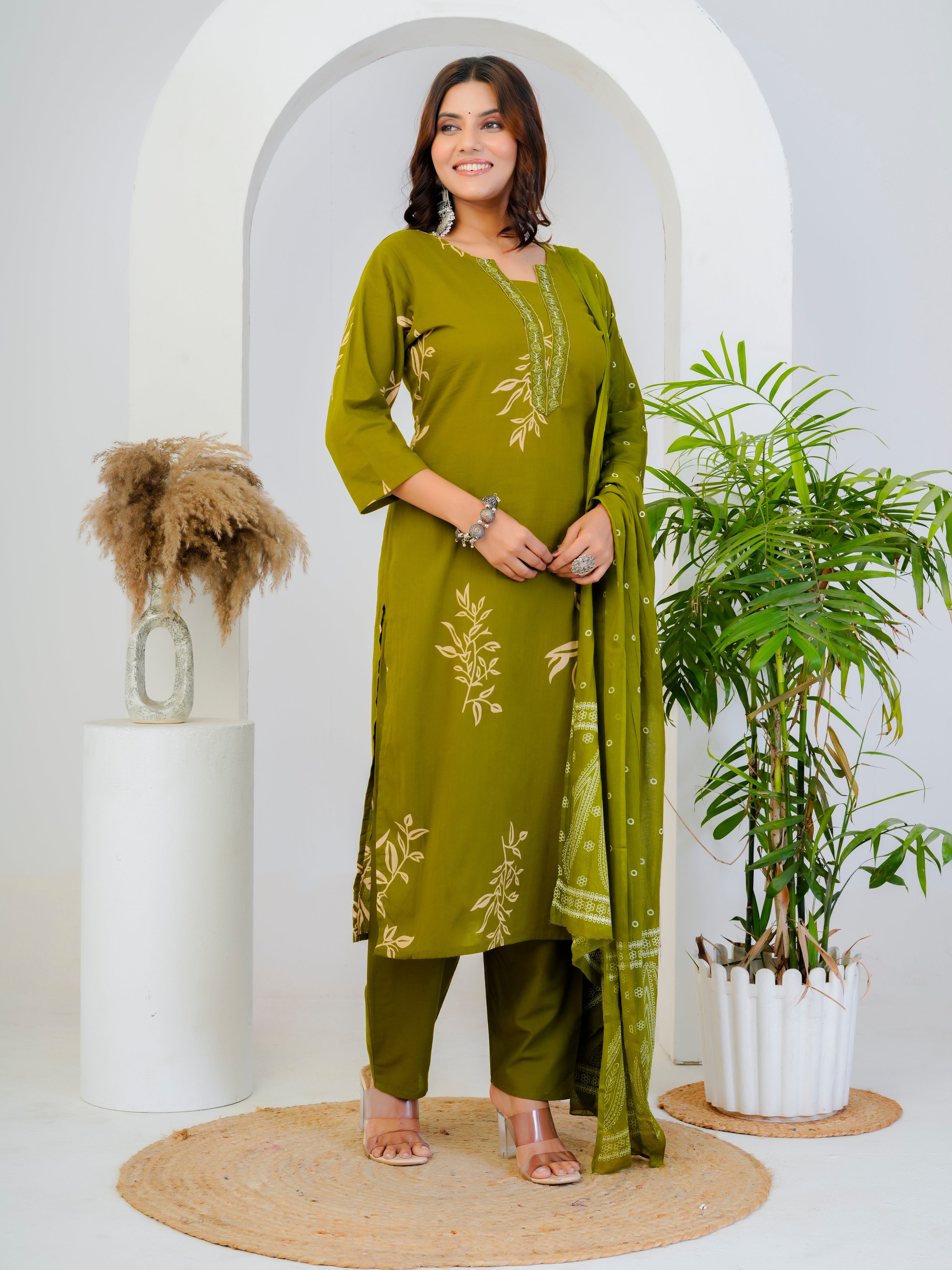 Bna Bnaya Floral Print Cotton Embroidered Kurta Pant Dupatta set