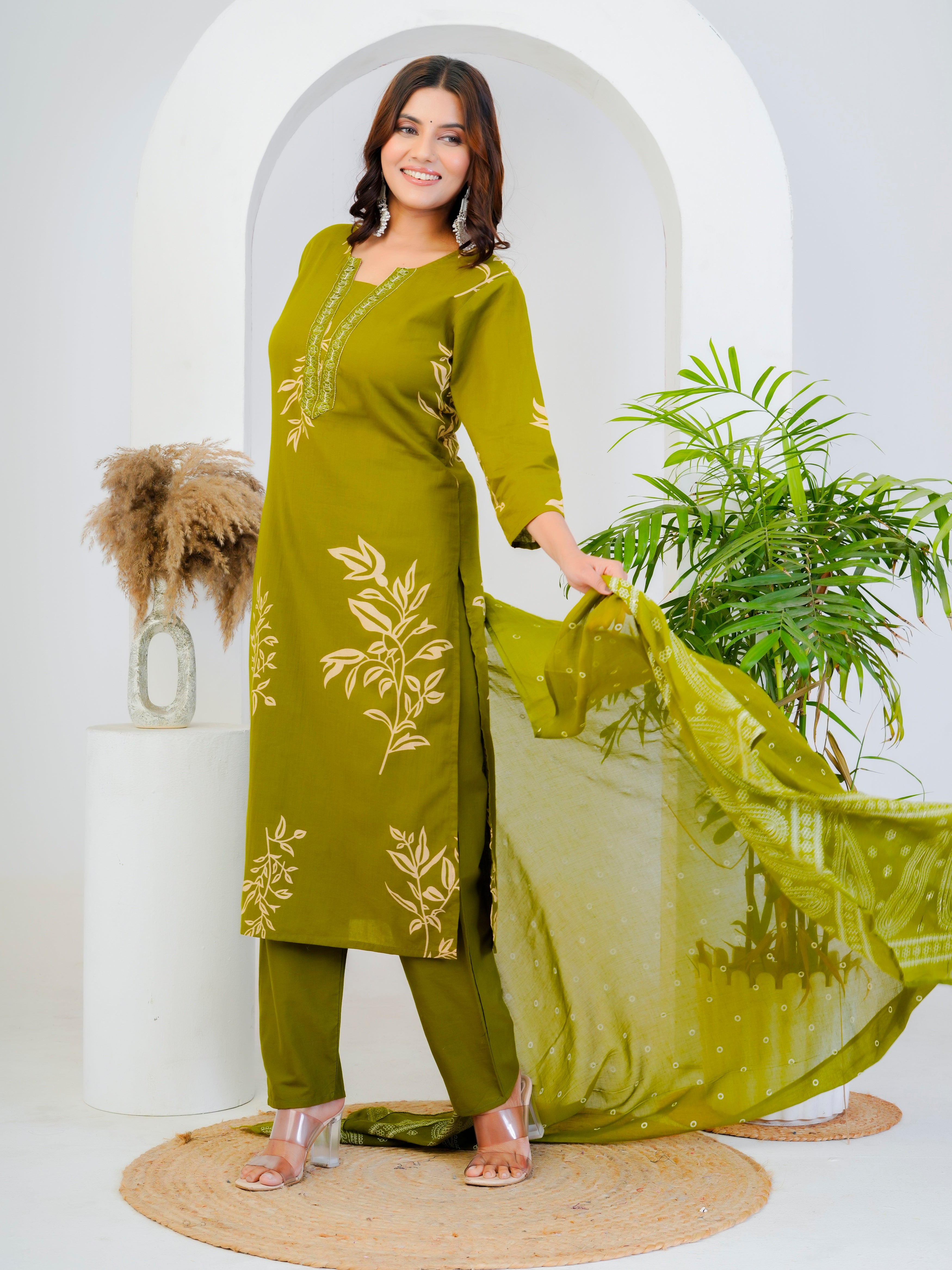 Bna Bnaya Floral Print Cotton Embroidered Kurta Pant Dupatta set