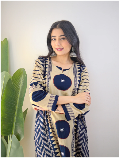 Bna Bnaya Blue Cotton Ajrakh Katha Detailed Dupatta Set