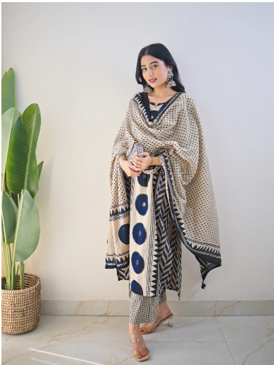 Bna Bnaya Blue Cotton Ajrakh Katha Detailed Dupatta Set