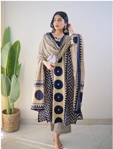 Bna Bnaya Blue Cotton Ajrakh Katha Detailed Dupatta Set