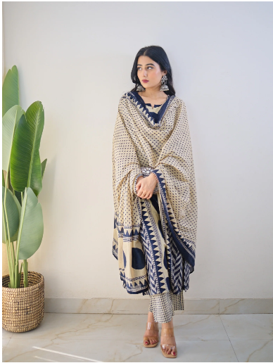 Bna Bnaya Blue Cotton Ajrakh Katha Detailed Dupatta Set