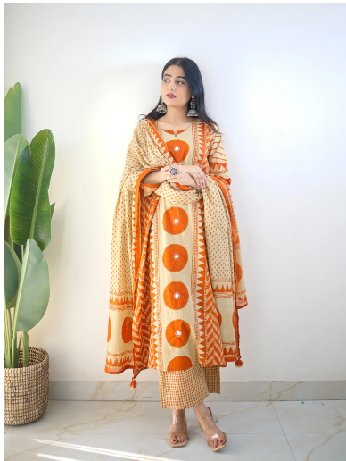 Bna Bnaya Blue Cotton Ajrakh Katha Detailed Dupatta Set