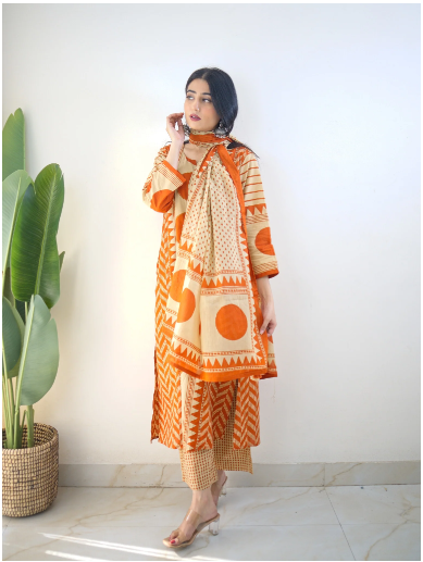 Bna Bnaya Blue Cotton Ajrakh Katha Detailed Dupatta Set