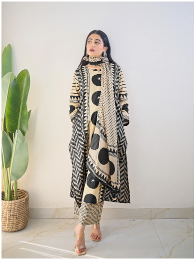 Bna Bnaya Blue Cotton Ajrakh Katha Detailed Dupatta Set