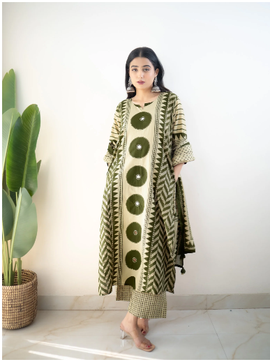 Bna Bnaya Blue Cotton Ajrakh Katha Detailed Dupatta Set