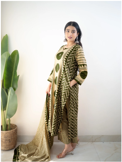 Bna Bnaya Blue Cotton Ajrakh Katha Detailed Dupatta Set